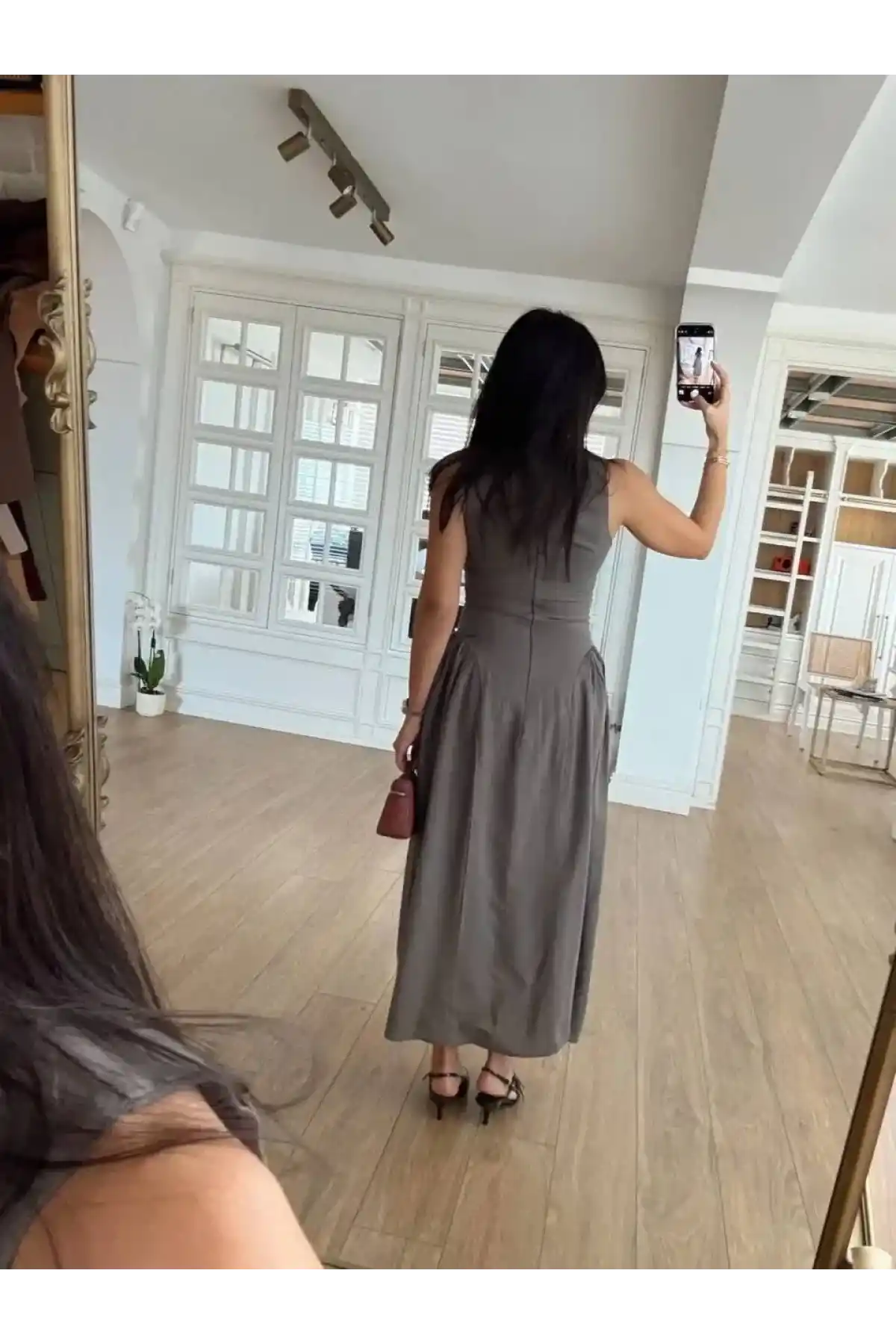 Kolsuz Uzun Kabardin Elbise - Gri