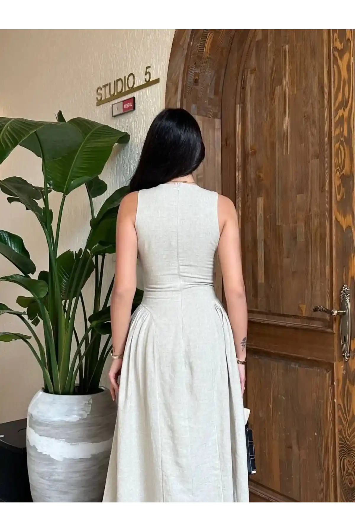 Kolsuz Uzun Kabardin Elbise - Gri