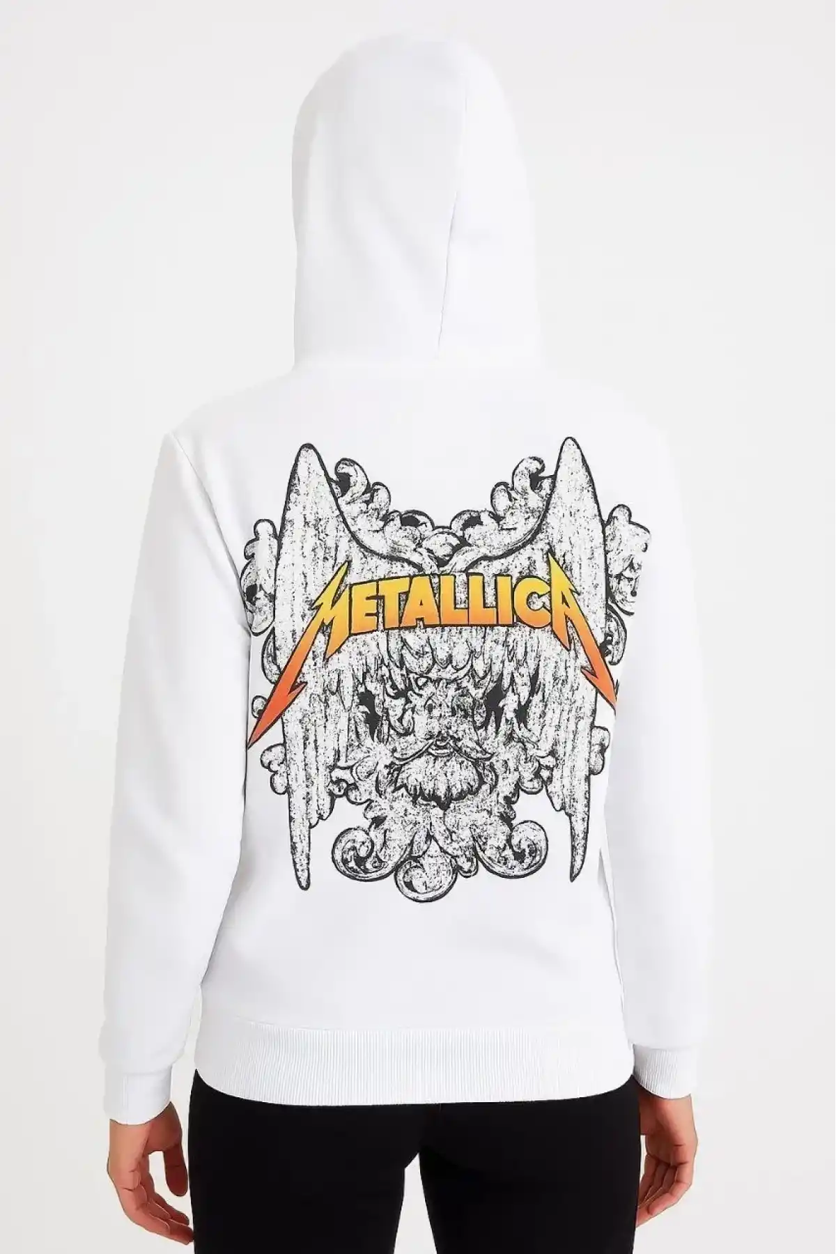 Metallica İki İplik Kapüşonlu Ön ve Arka Baskılı hoodie - Beyaz