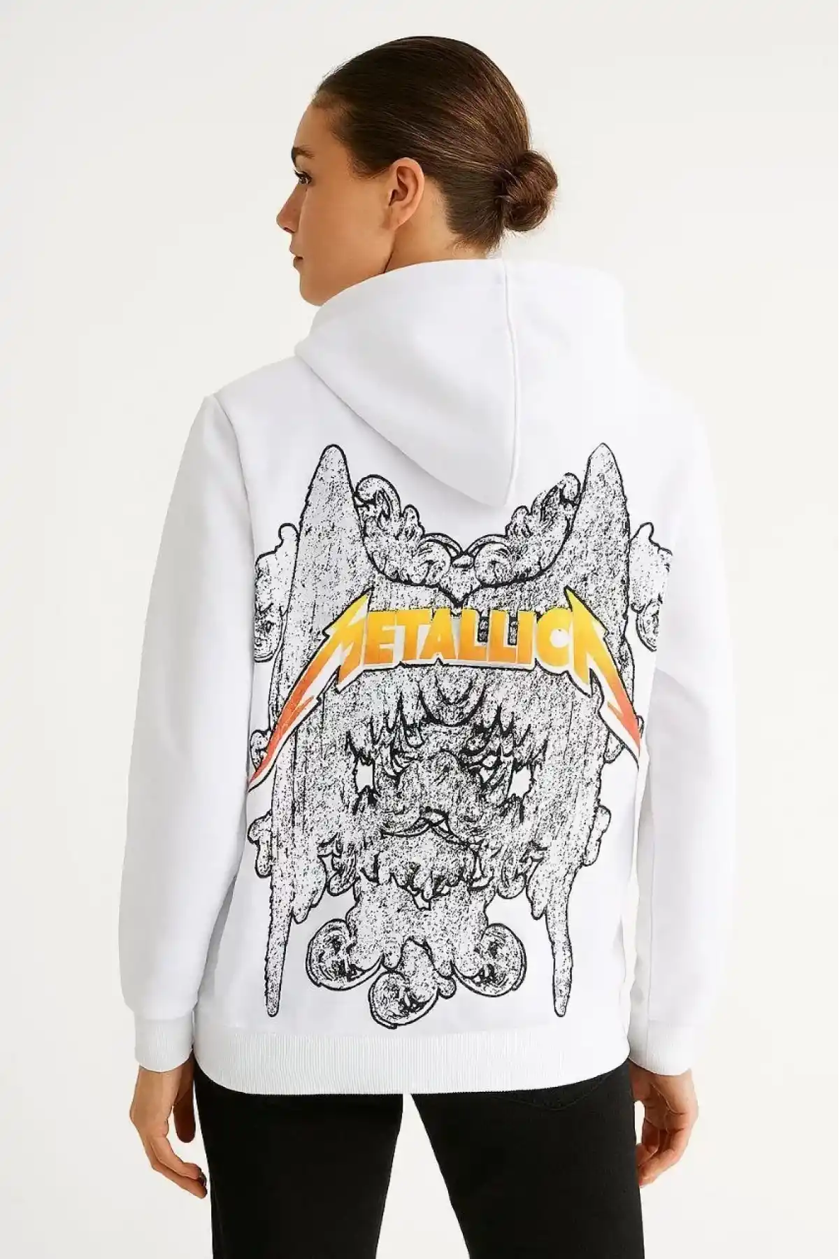 Metallica İki İplik Kapüşonlu Ön ve Arka Baskılı hoodie - Beyaz