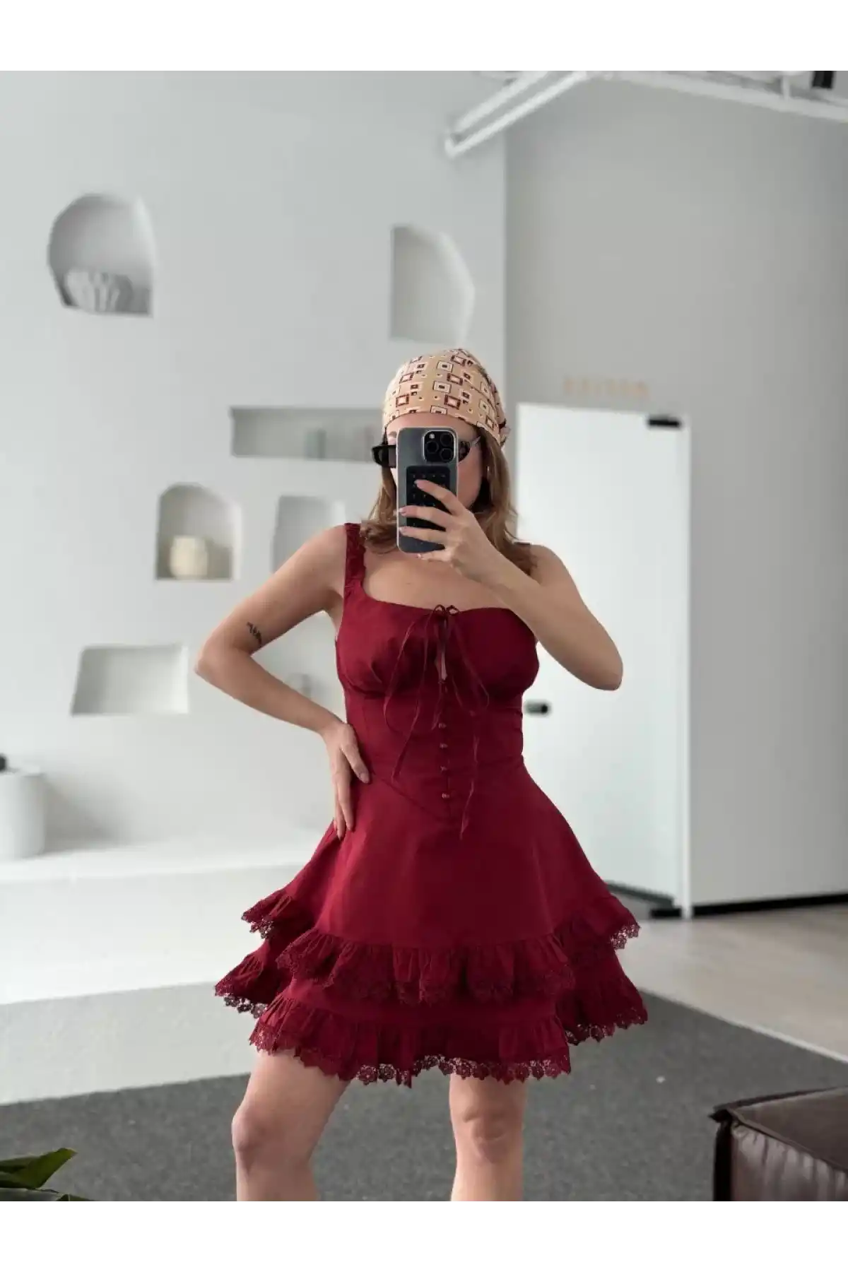 Mini Askılı Elbise - Bordo