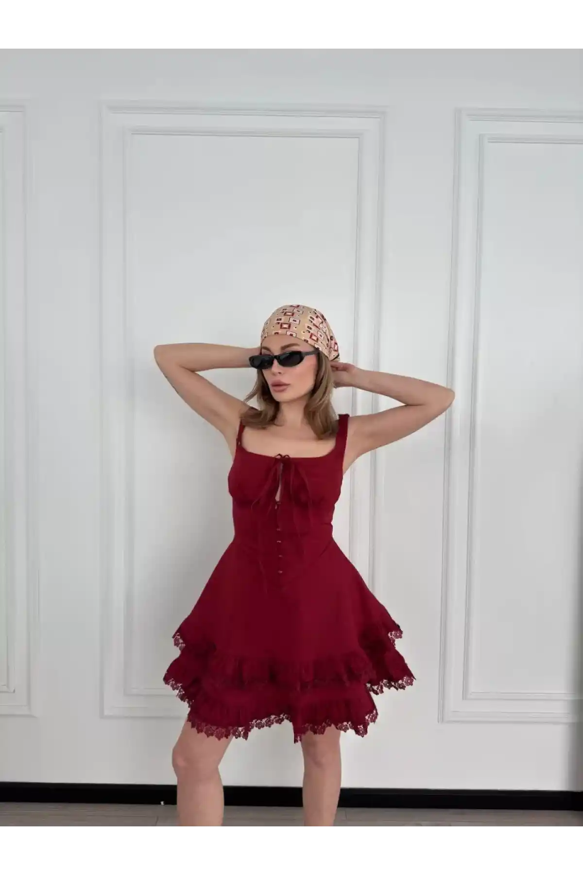 Mini Askılı Elbise - Bordo