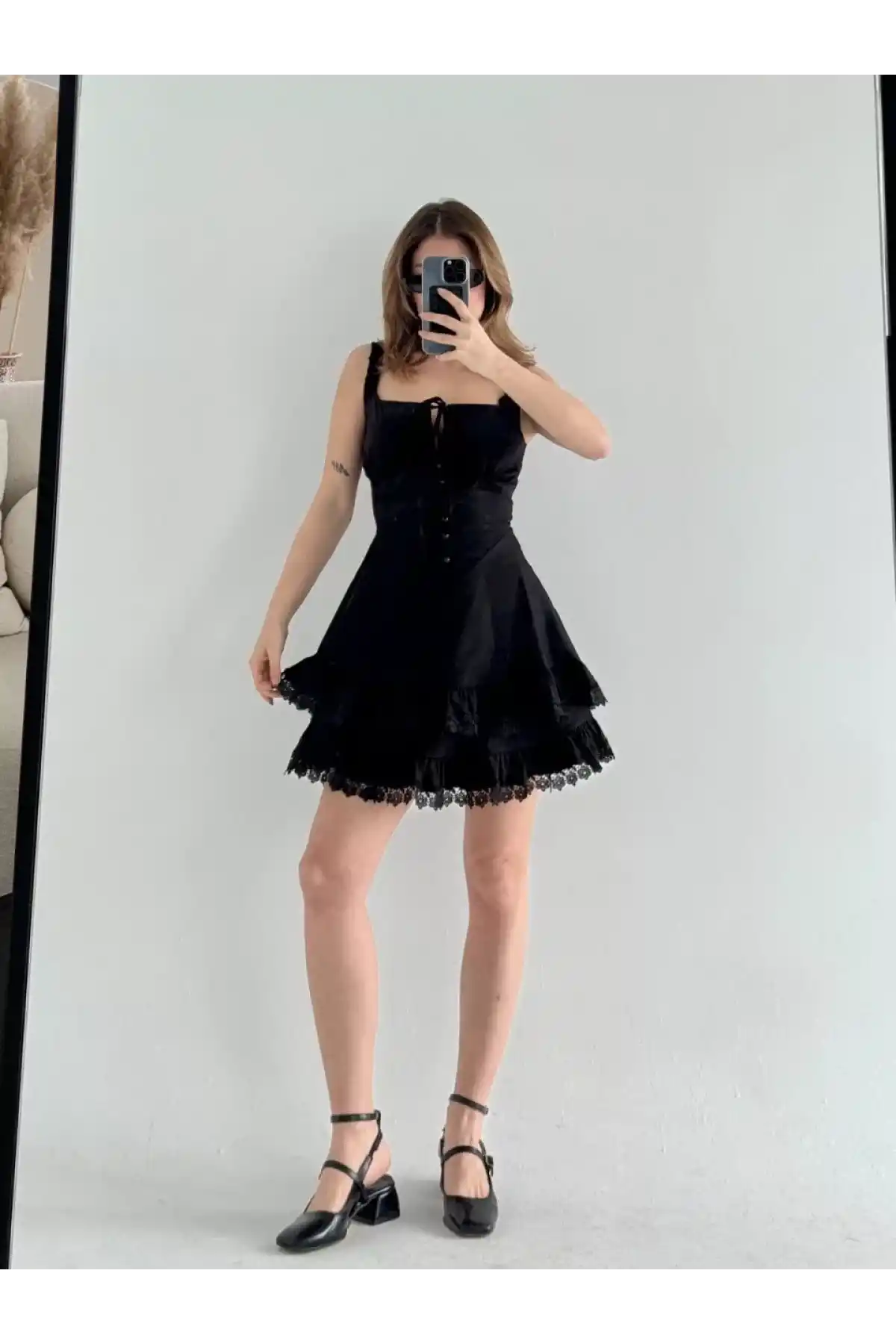 Mini Askılı Elbise - Siyah