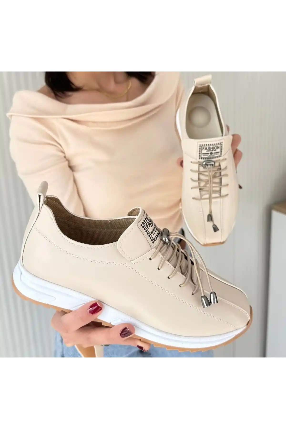 Monya Bej Cilt Bağcıklı Spor Ayakkabı - GC