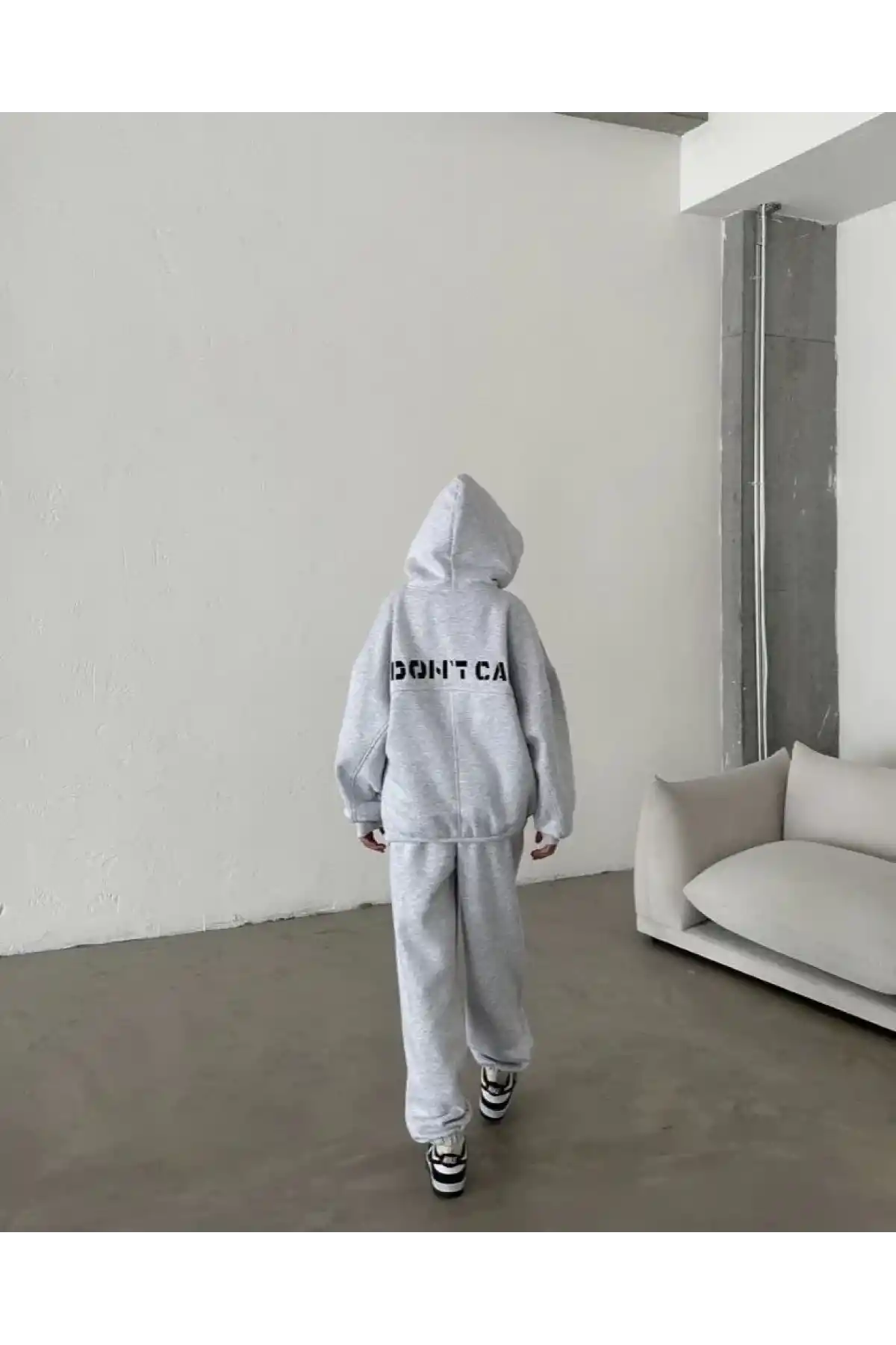 Kadın Nakış İşlemeli 3 İplik Pamuklu Sweat Alt-Üst Takım- Gri