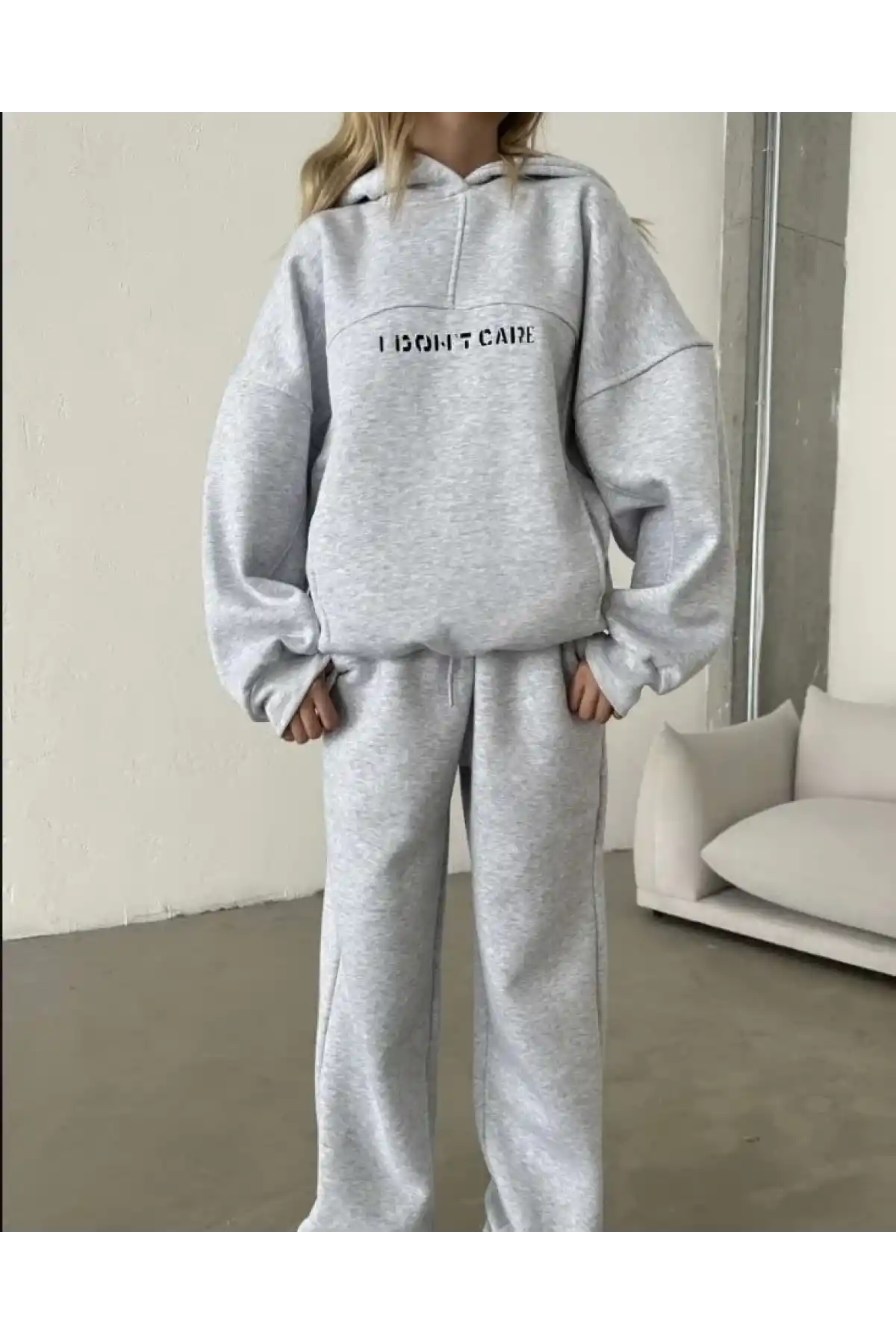 Kadın Nakış İşlemeli 3 İplik Pamuklu Sweat Alt-Üst Takım- Gri