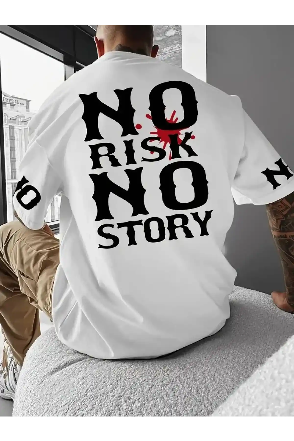 No Risk No Story Baskılı Oversize Bisiklet Yaka T-shirt - Beyaz