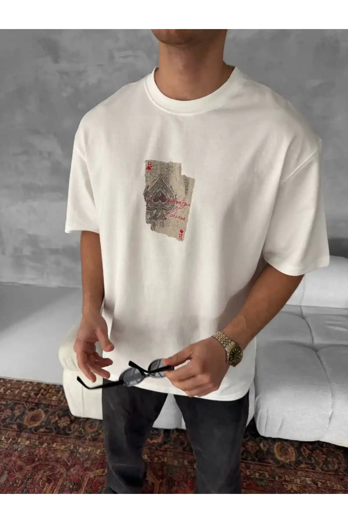 Ön ve Arka Baskılı Oversize Bisiklet Yaka T-shirt - Beyaz