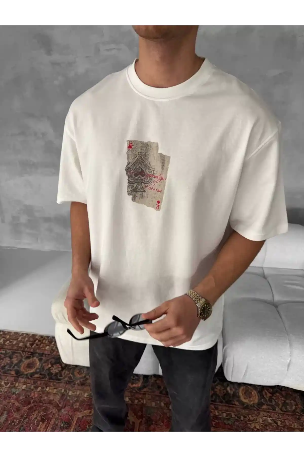 Ön ve Arka Baskılı Oversize Bisiklet Yaka T-shirt - Beyaz