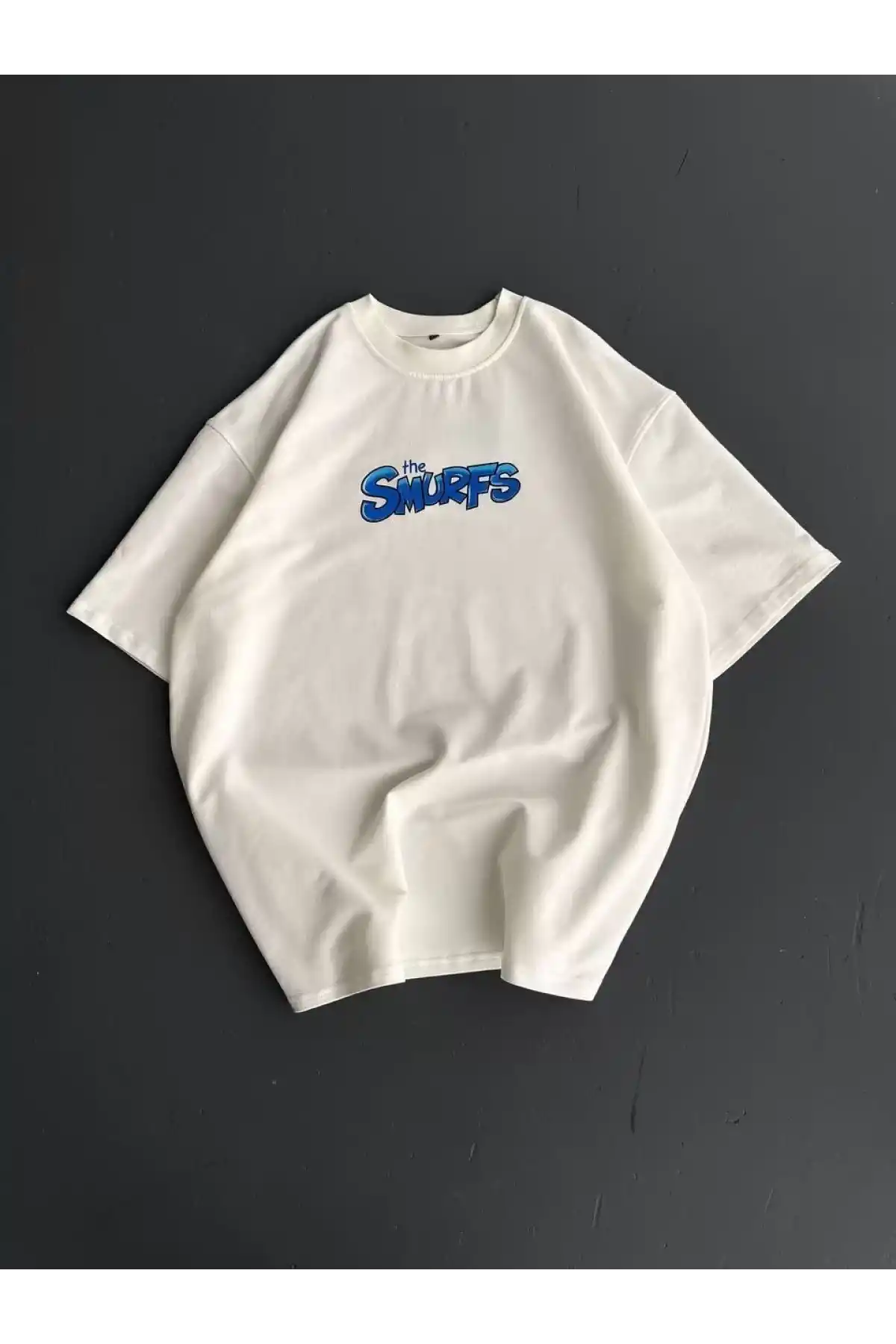 Ön ve Arka Baskılı Oversize Bisiklet Yaka T-shirt- Beyaz