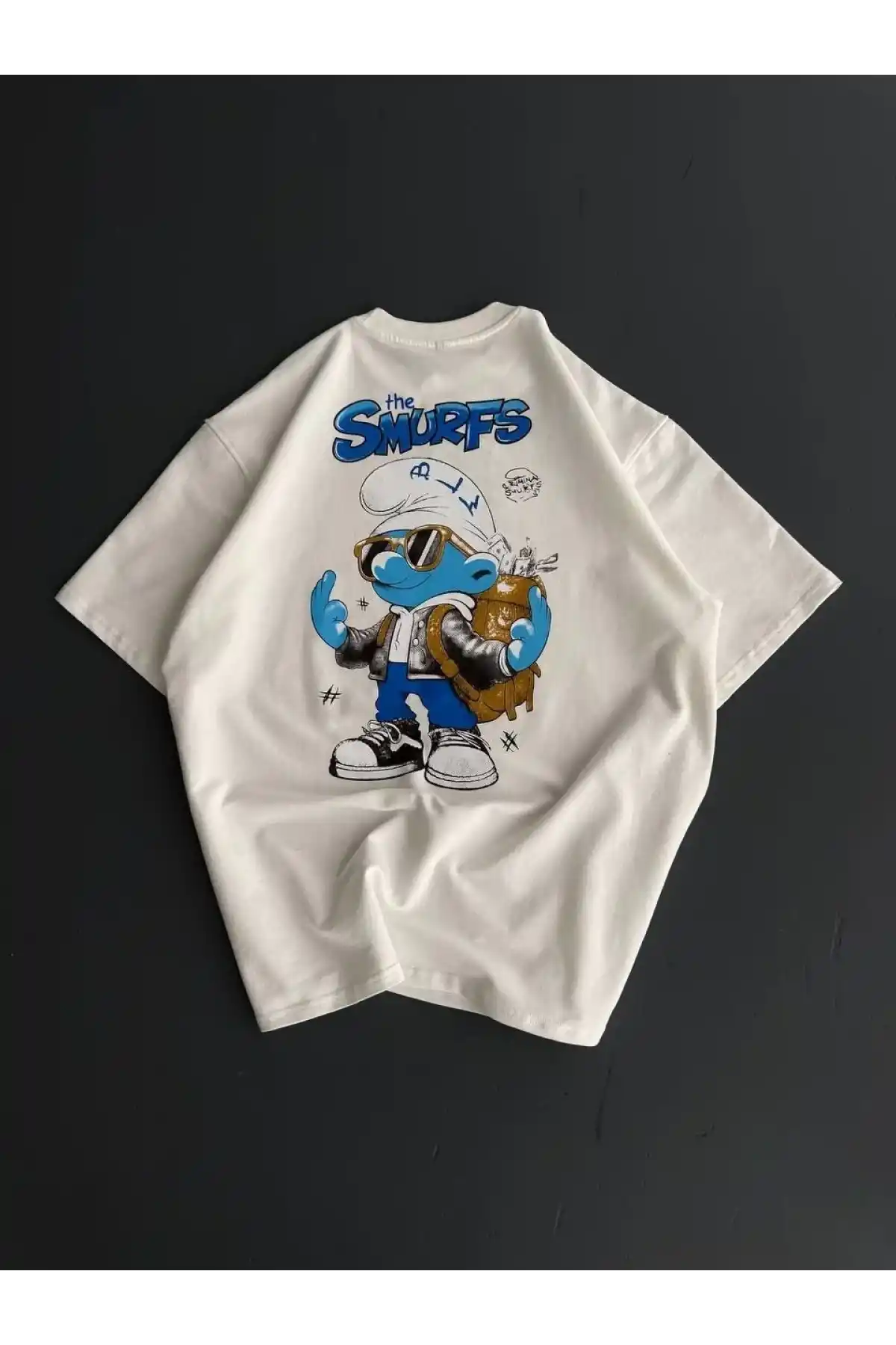 Ön ve Arka Baskılı Oversize Bisiklet Yaka T-shirt- Beyaz