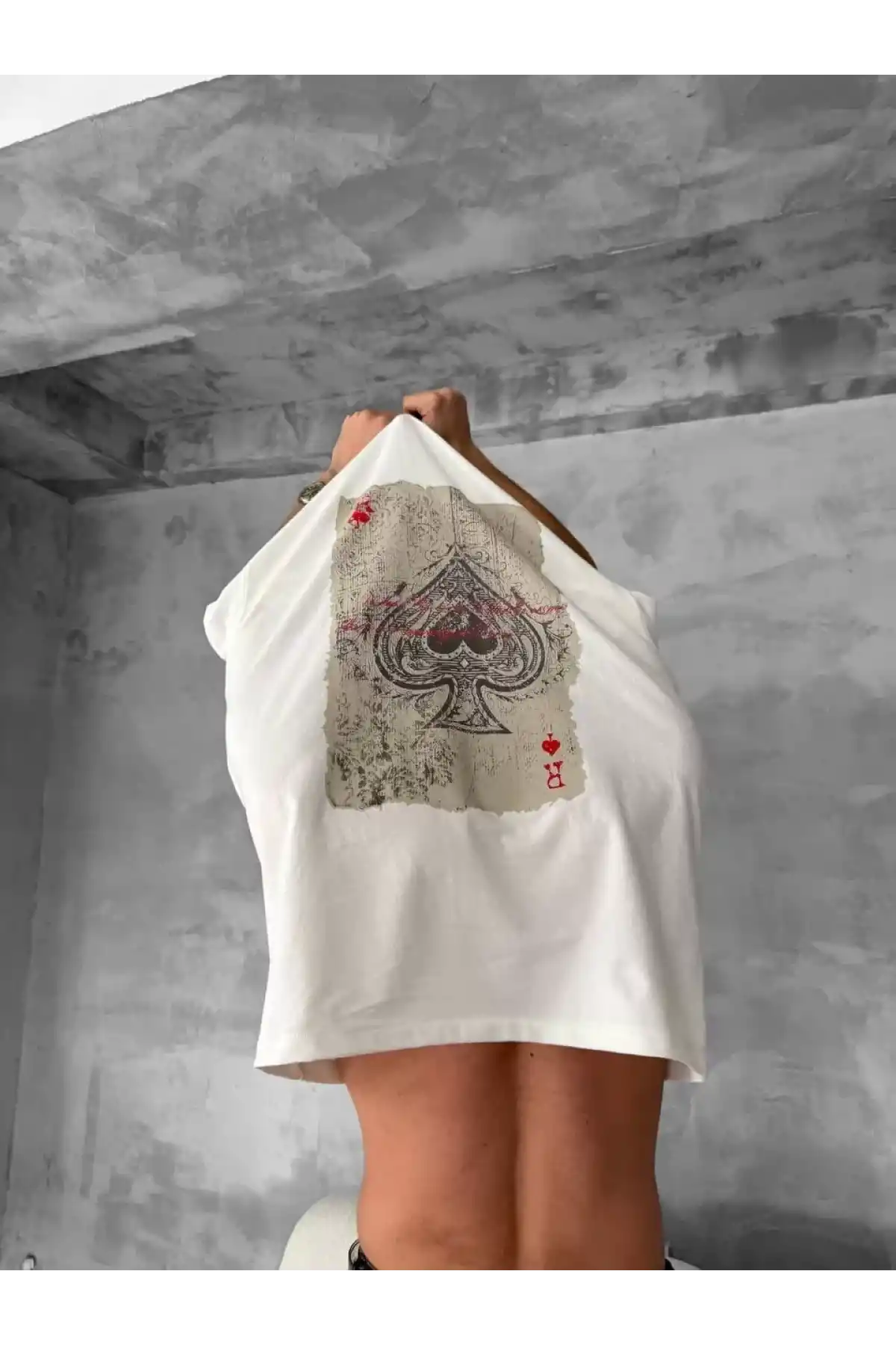 Ön ve Arka Baskılı Oversize Bisiklet Yaka T-shirt - Beyaz