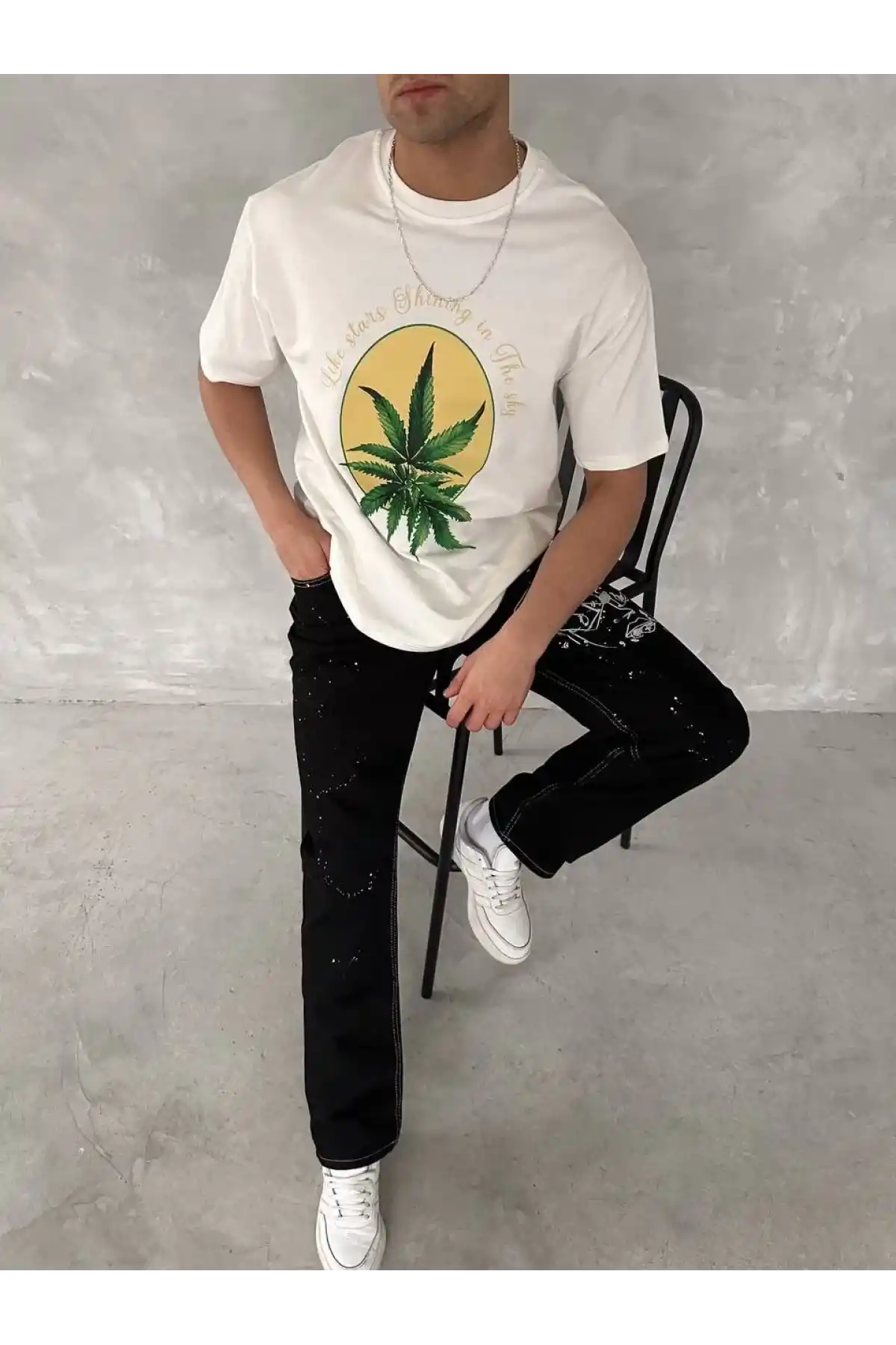 Ön ve Arka Baskılı Oversize Bisiklet Yaka T-shirt- Beyaz