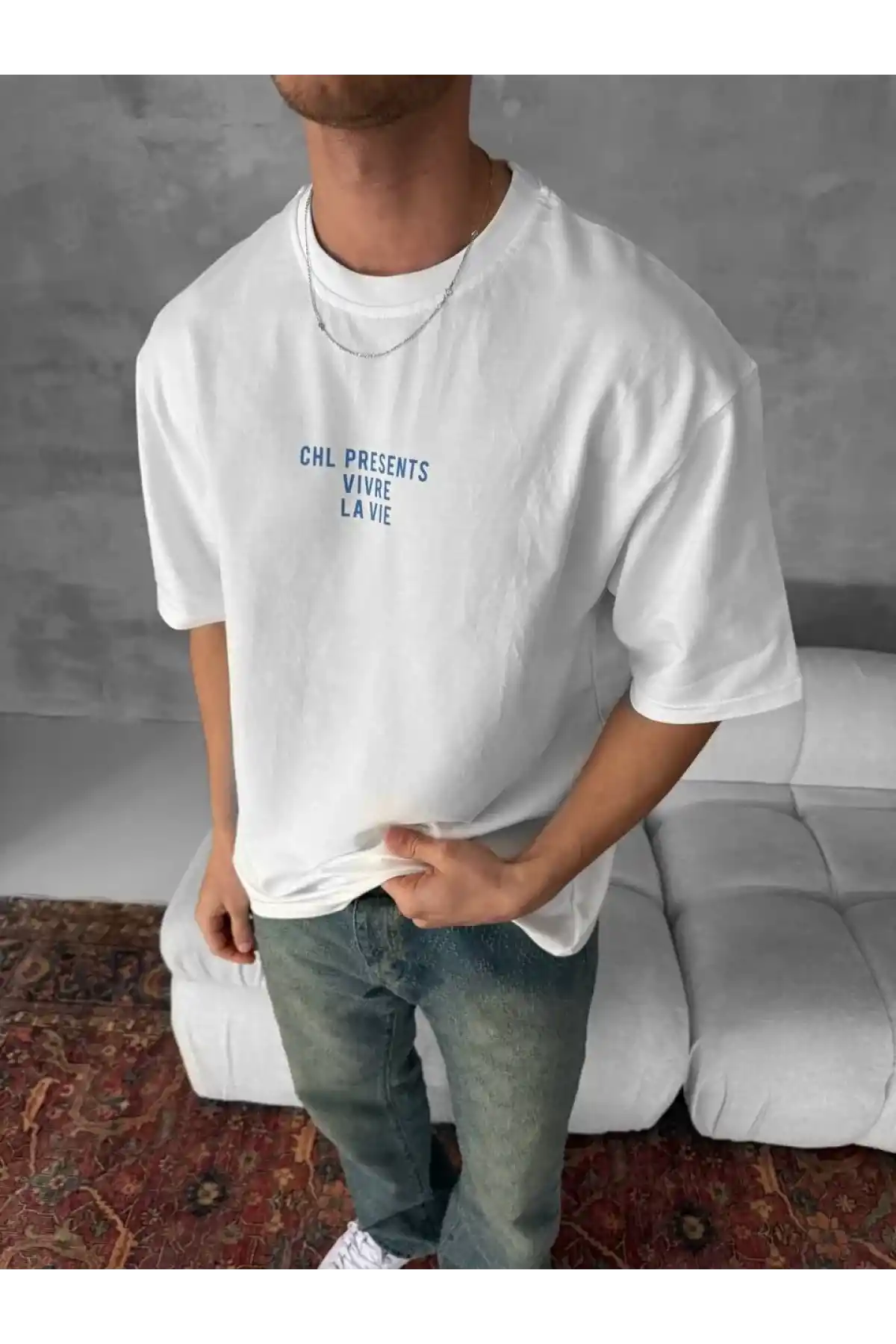 Ön ve Arka Baskılı Oversize Bisiklet Yaka T-shirt- Beyaz