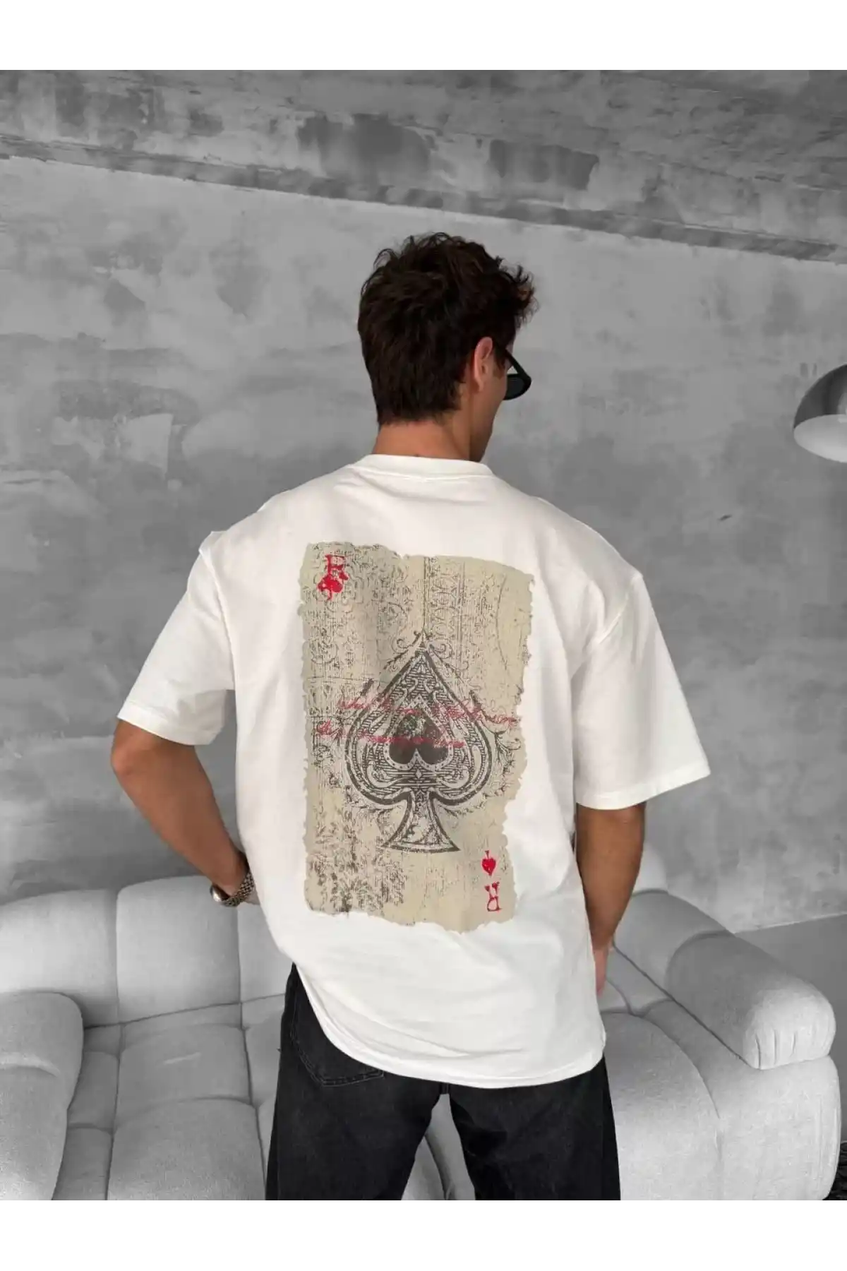 Ön ve Arka Baskılı Oversize Bisiklet Yaka T-shirt - Beyaz