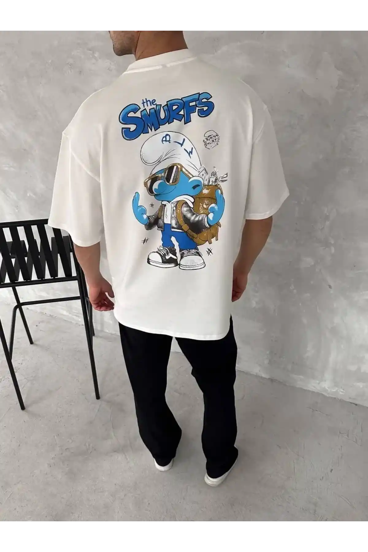 Ön ve Arka Baskılı Oversize Bisiklet Yaka T-shirt- Beyaz