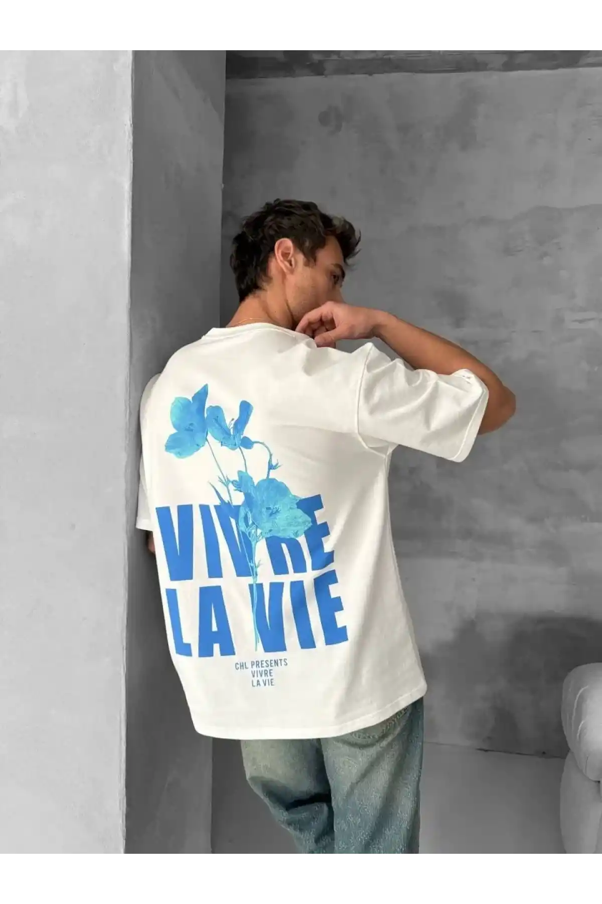 Ön ve Arka Baskılı Oversize Bisiklet Yaka T-shirt- Beyaz