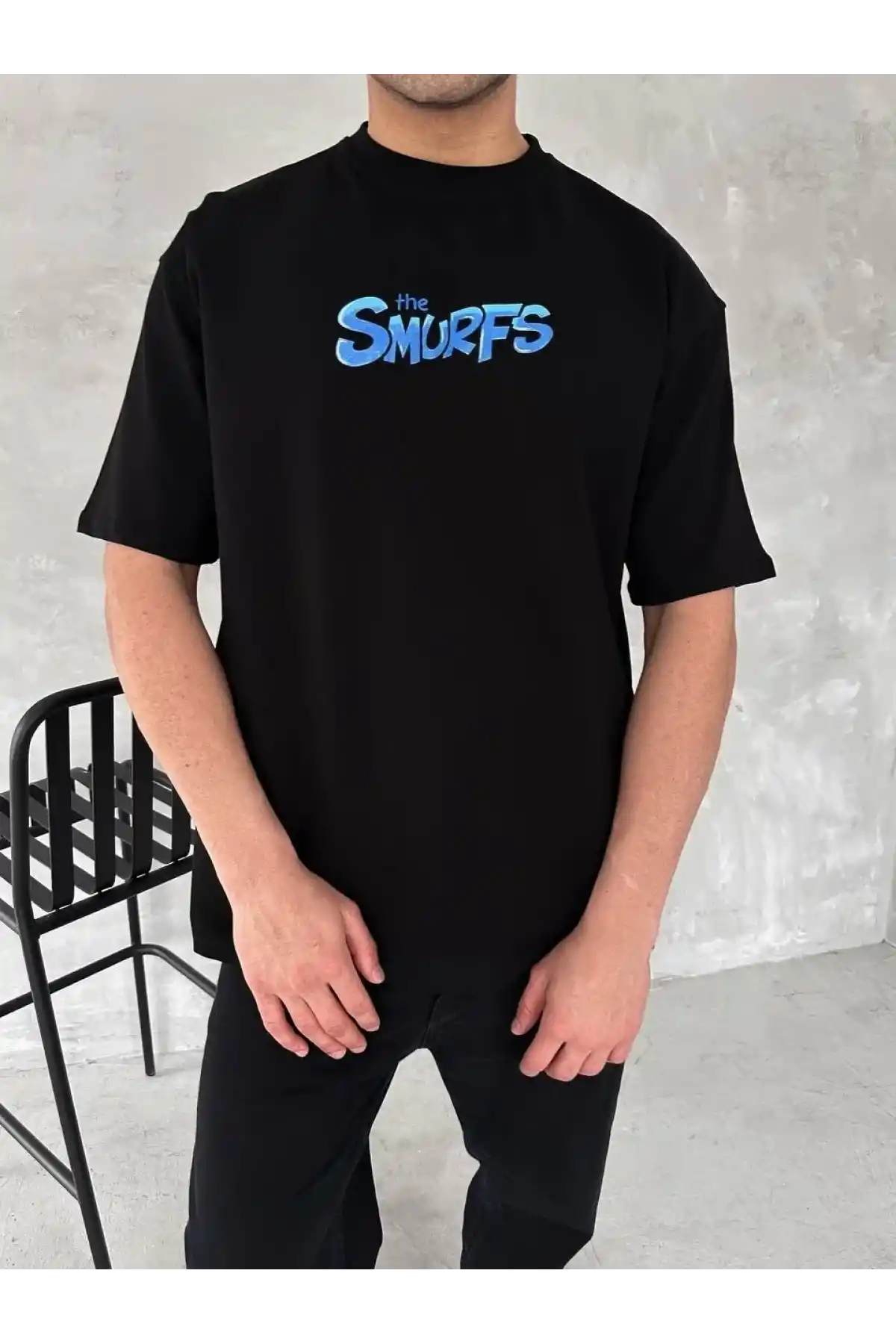 Ön ve Arka Baskılı Oversize Bisiklet Yaka T-shirt- Siyah