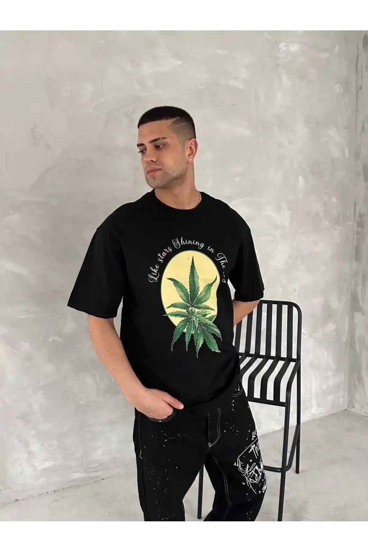 Ön ve Arka Baskılı Oversize Bisiklet Yaka T-shirt- Siyah