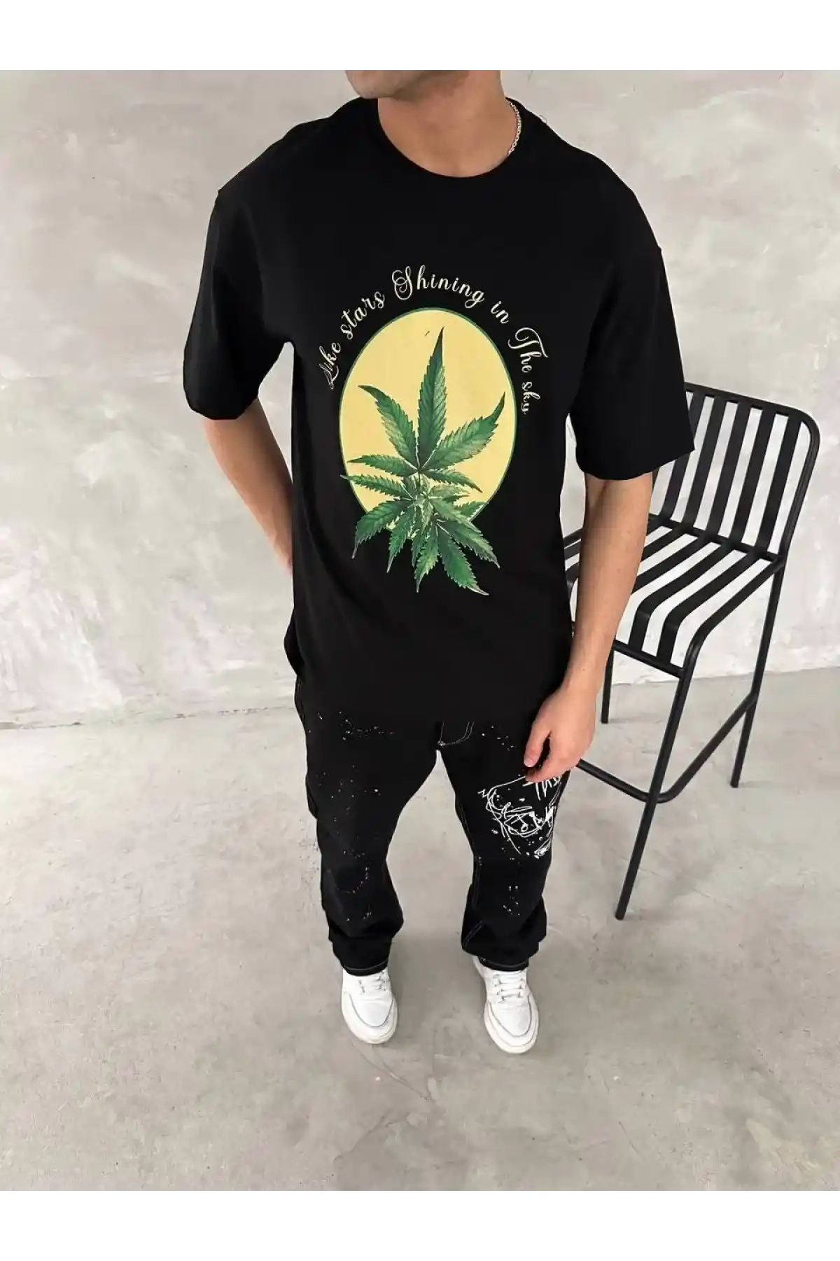 Ön ve Arka Baskılı Oversize Bisiklet Yaka T-shirt- Siyah