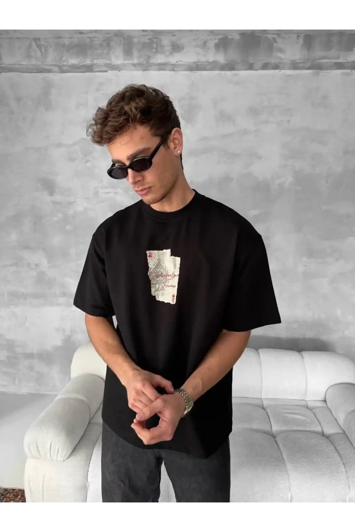 ERKEK Ön ve Arka Baskılı Oversize Bisiklet Yaka T-shirt - Siyah