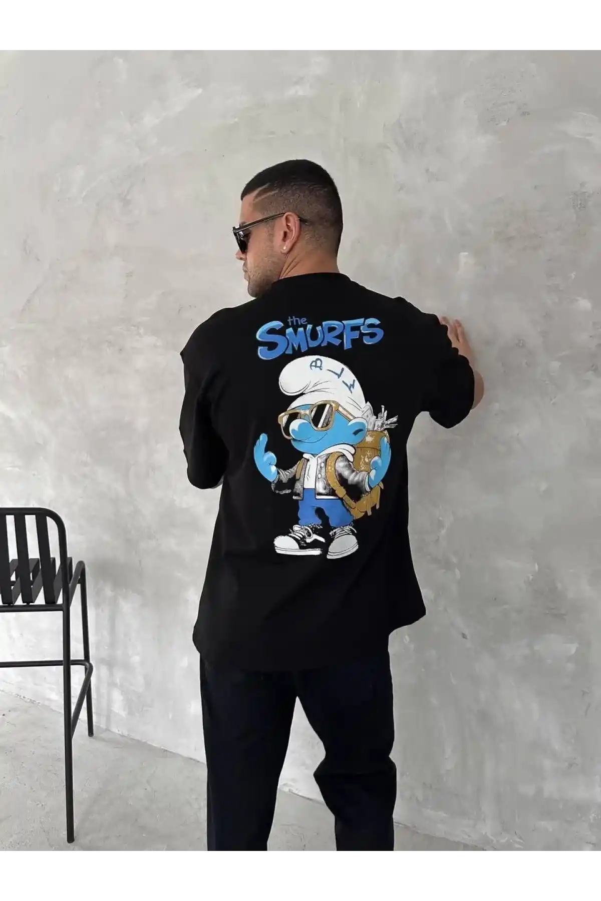 Ön ve Arka Baskılı Oversize Bisiklet Yaka T-shirt- Siyah