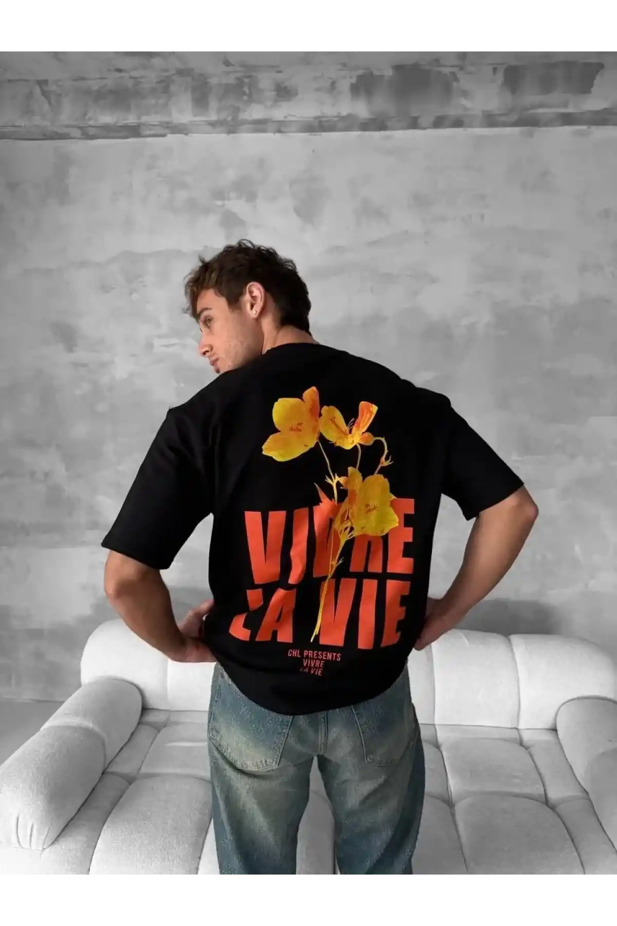 Ön ve Arka Baskılı Oversize Bisiklet Yaka T-shirt- Siyah