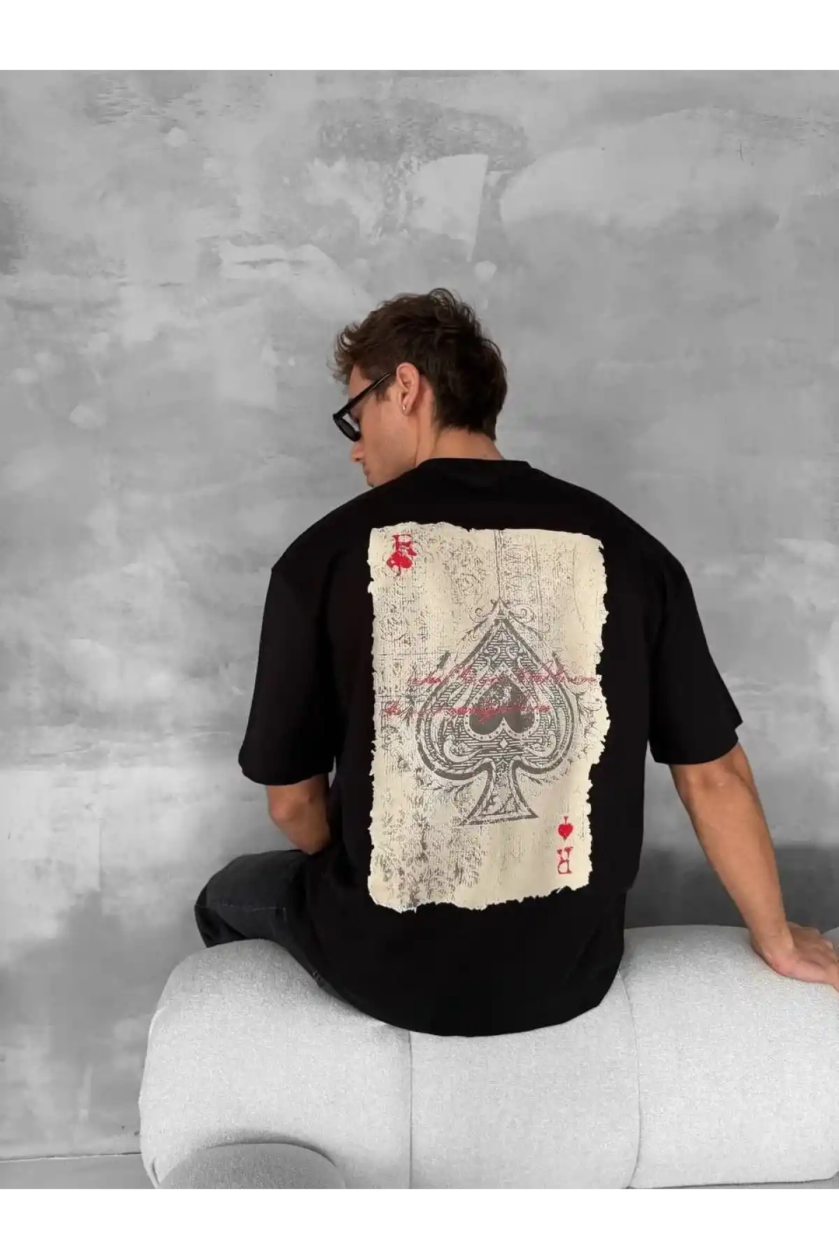 ERKEK Ön ve Arka Baskılı Oversize Bisiklet Yaka T-shirt - Siyah