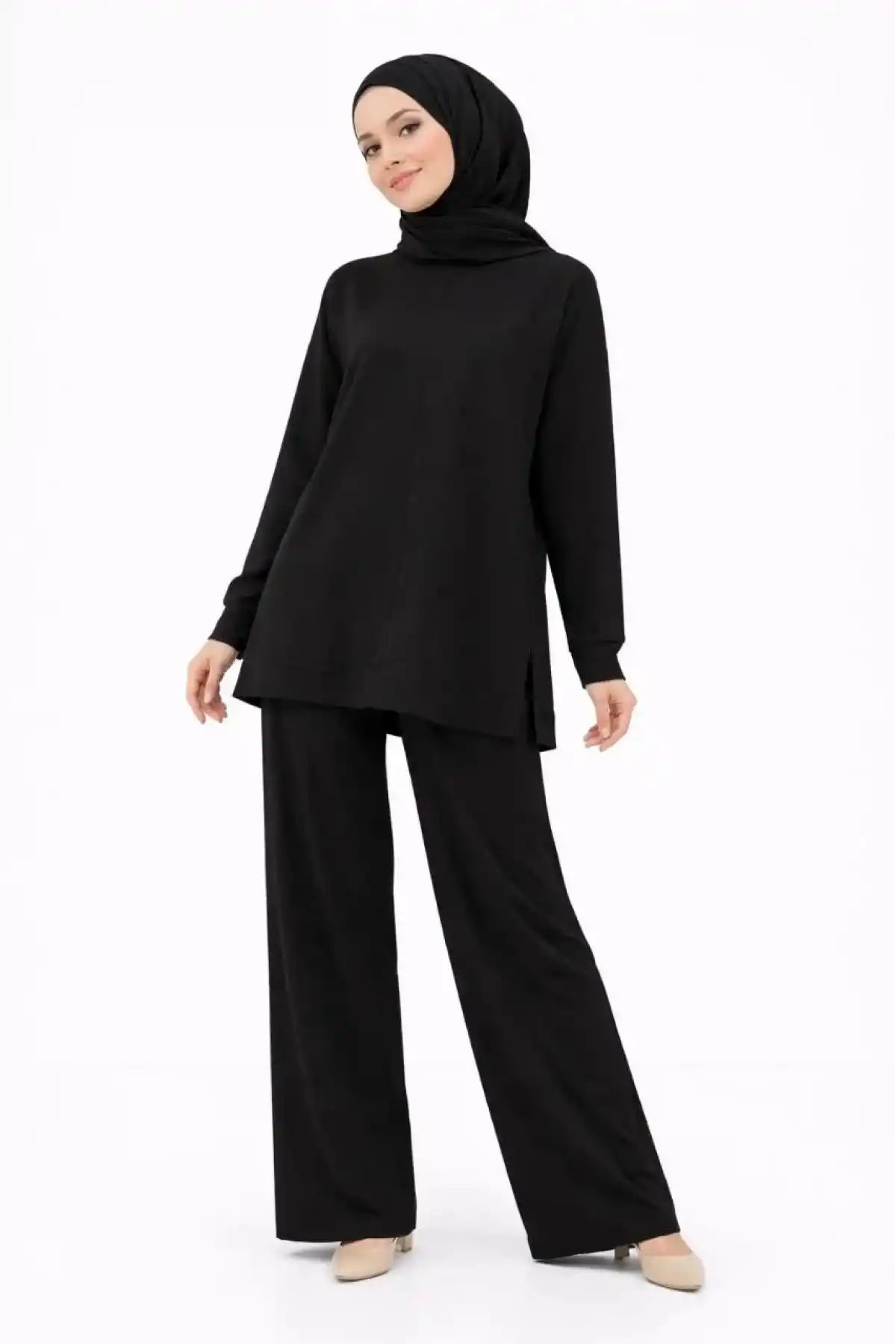 Osy Modal yumuşak dokulu Kadın Tesettür İkili Takım Yan Yırtmaçlı Uzun Tunik ve Düz Paça Pantolon, Salaş Kalıp - Siyah