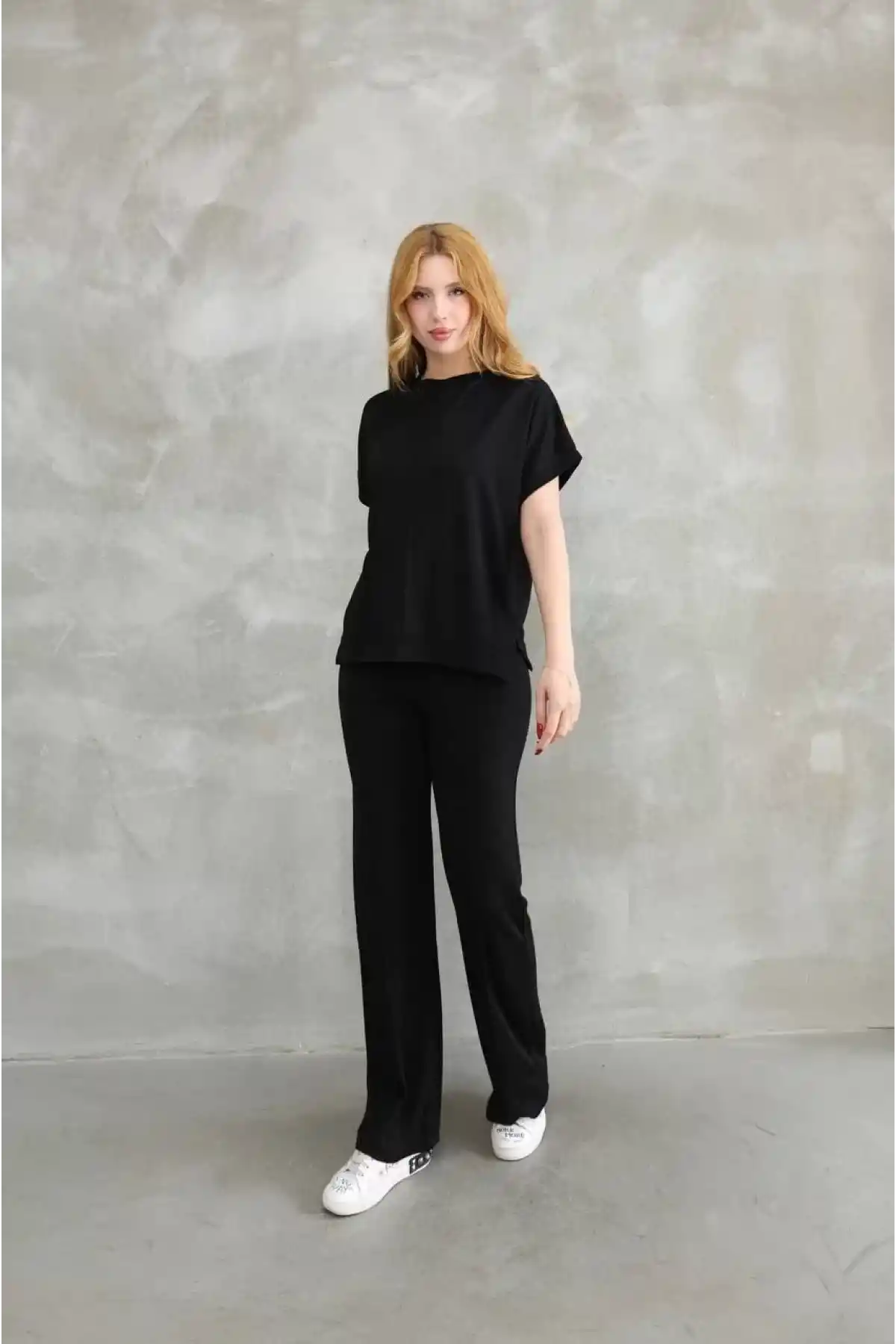 Osy Modal Yumuşak dokulu Kumaş Bisiklet Yaka Kısa Kollu Takım - Siyah