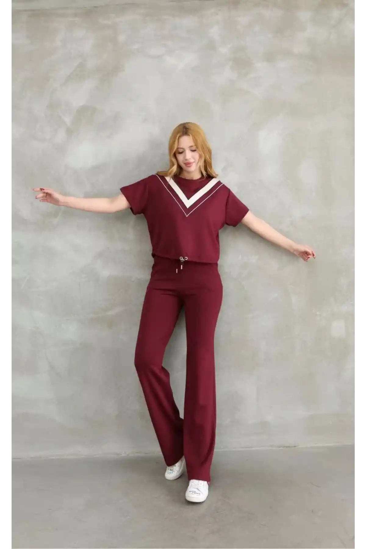 Osy Modal Yumuşak dokulu Kumaş Bisiklet Yaka Parçalı detaylı Kısa Kollu Takım - Bordo