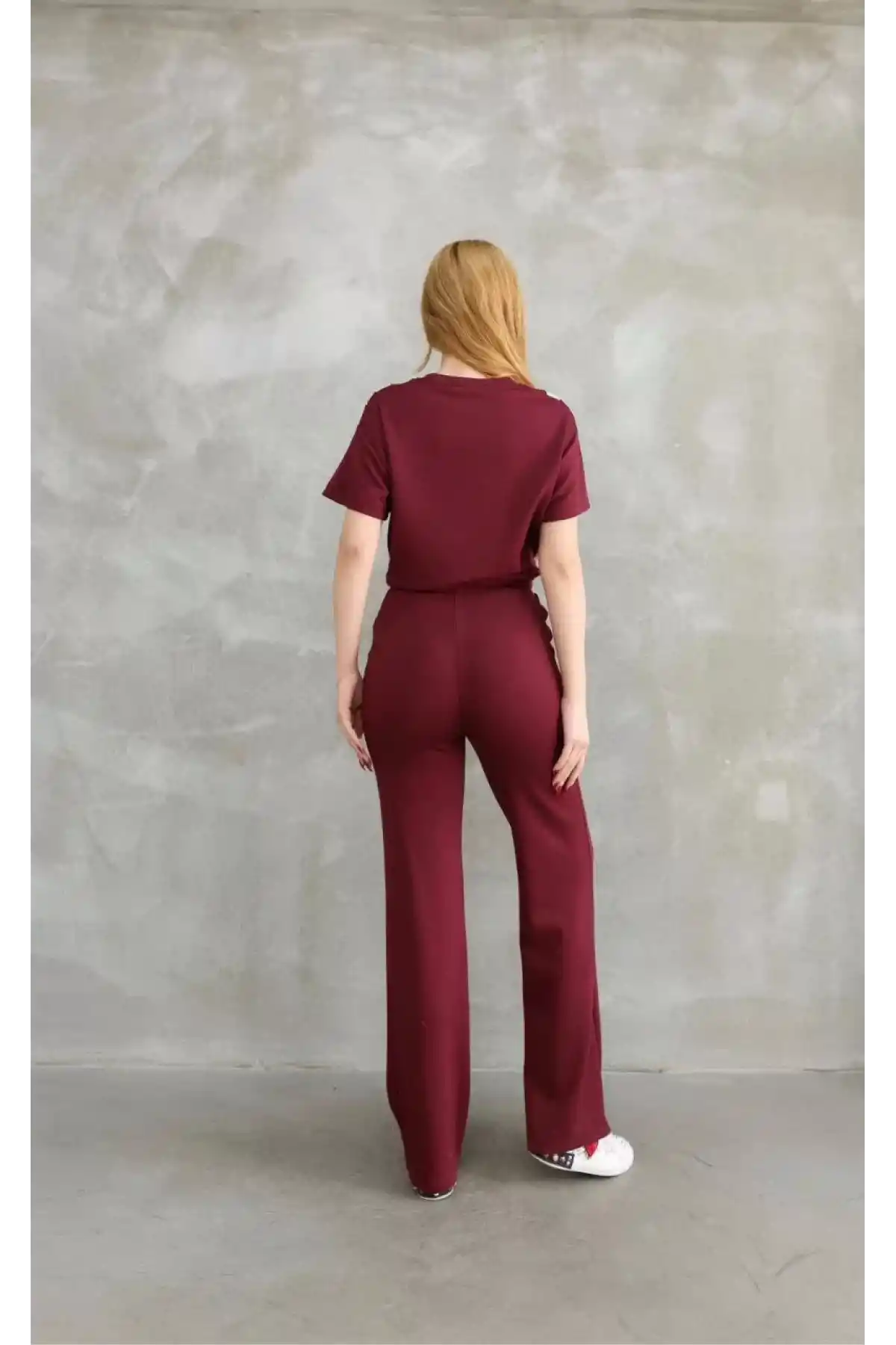 Osy Modal Yumuşak dokulu Kumaş Bisiklet Yaka Parçalı detaylı Kısa Kollu Takım - Bordo