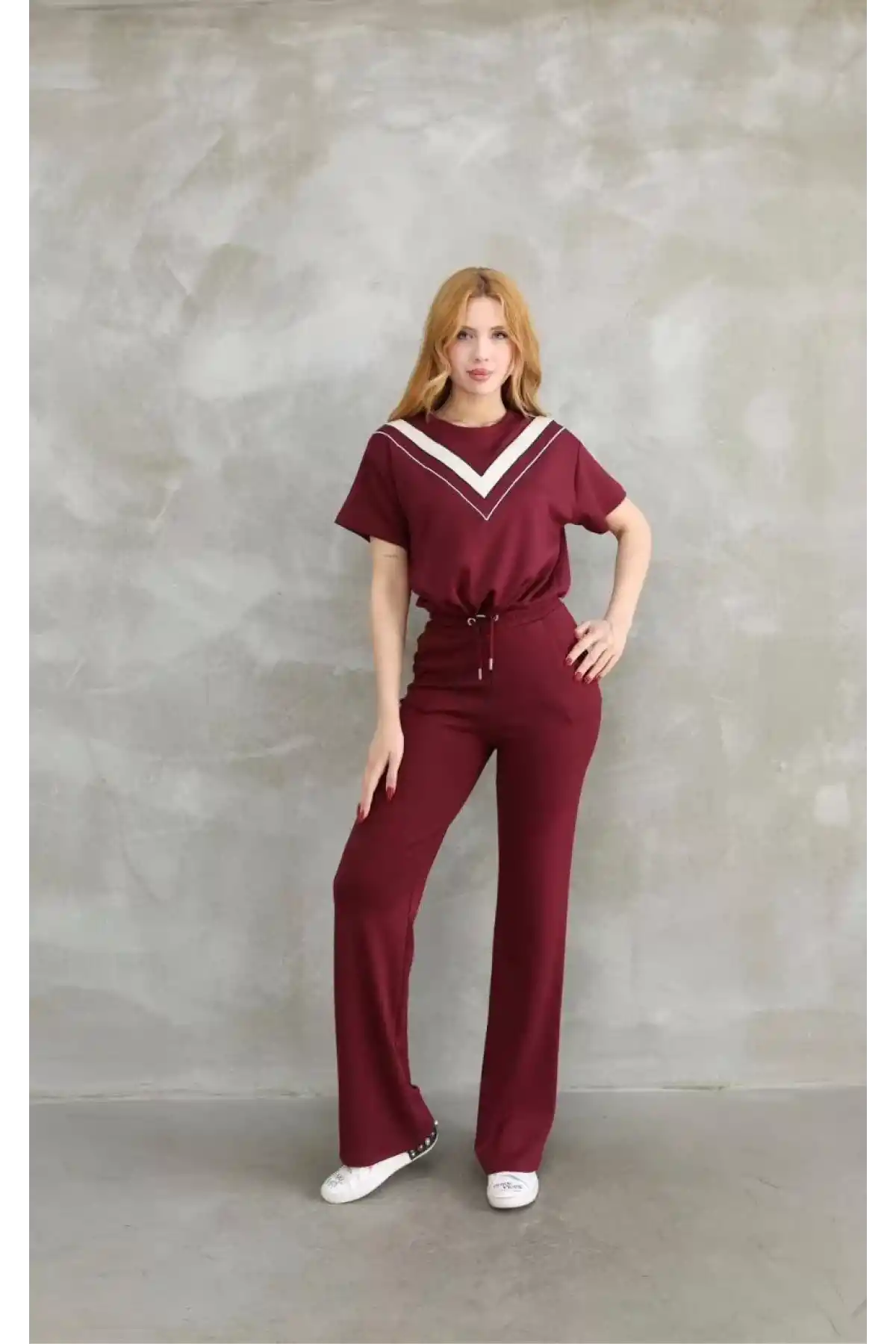 Osy Modal Yumuşak dokulu Kumaş Bisiklet Yaka Parçalı detaylı Kısa Kollu Takım - Bordo