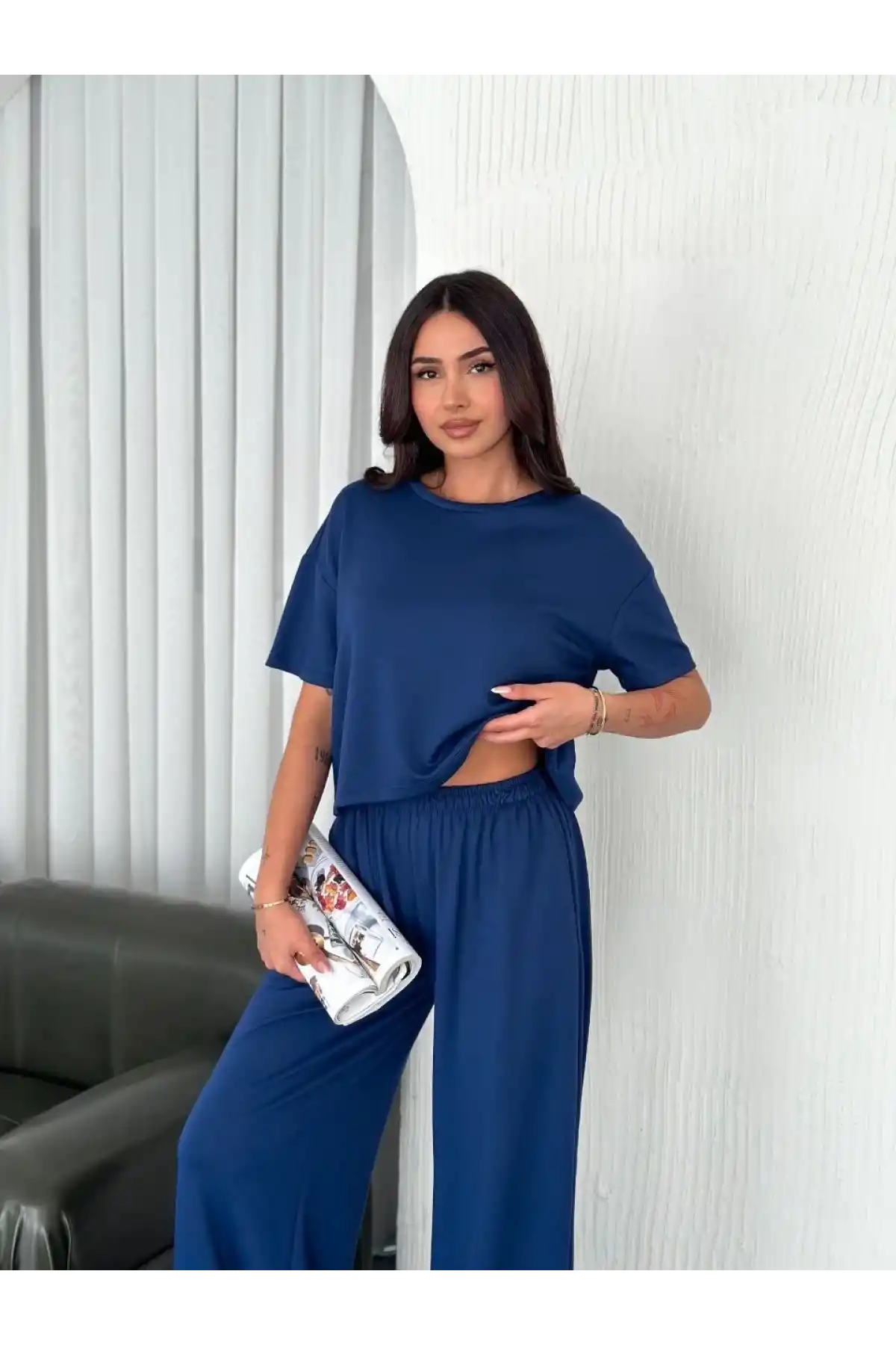 Osy Modal Yumuşak Dokulu Kumaş Bisiklet Yaka T-shirt Bol paça Pantalon ikili Takım -Saks Mavi