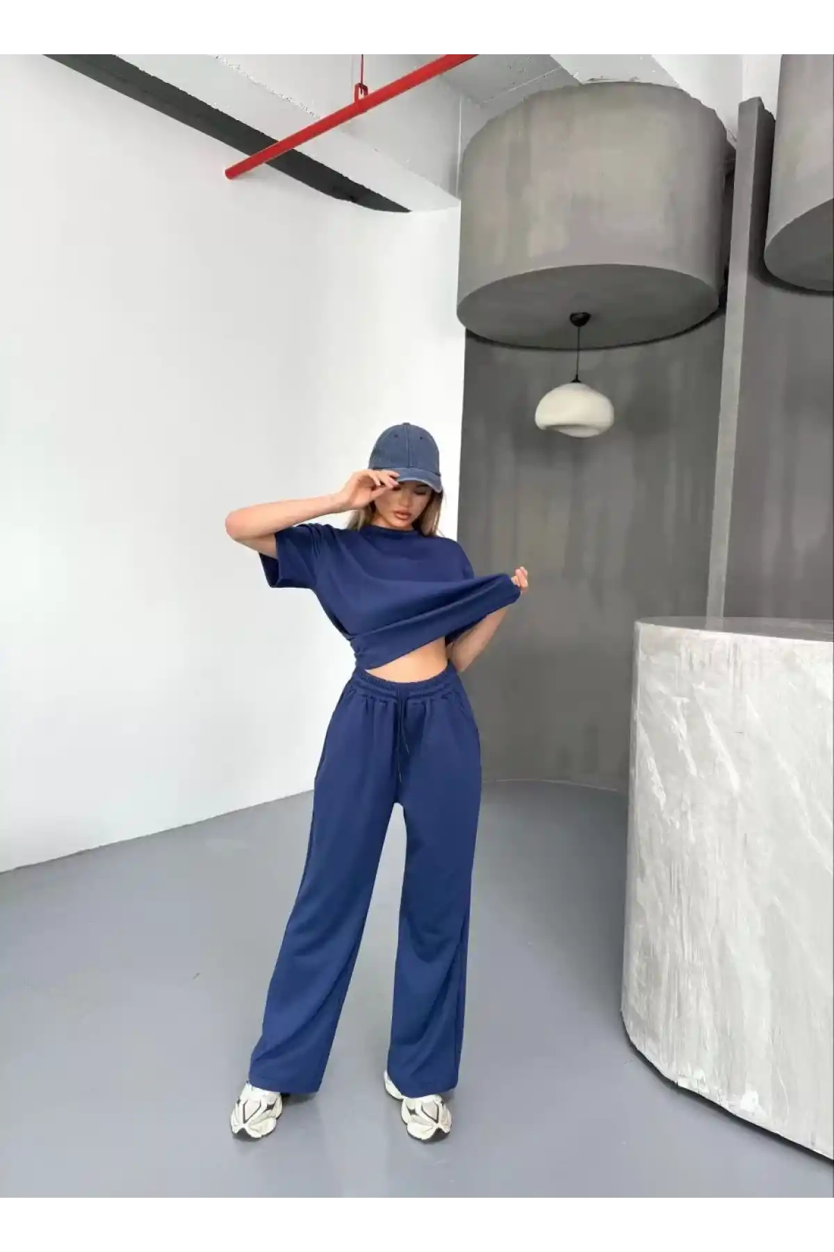 Osy Modal Yumuşak Dokulu Kumaş Kısa Kollu Bluz Rahat Pantalon ikili Takım- Lacivert