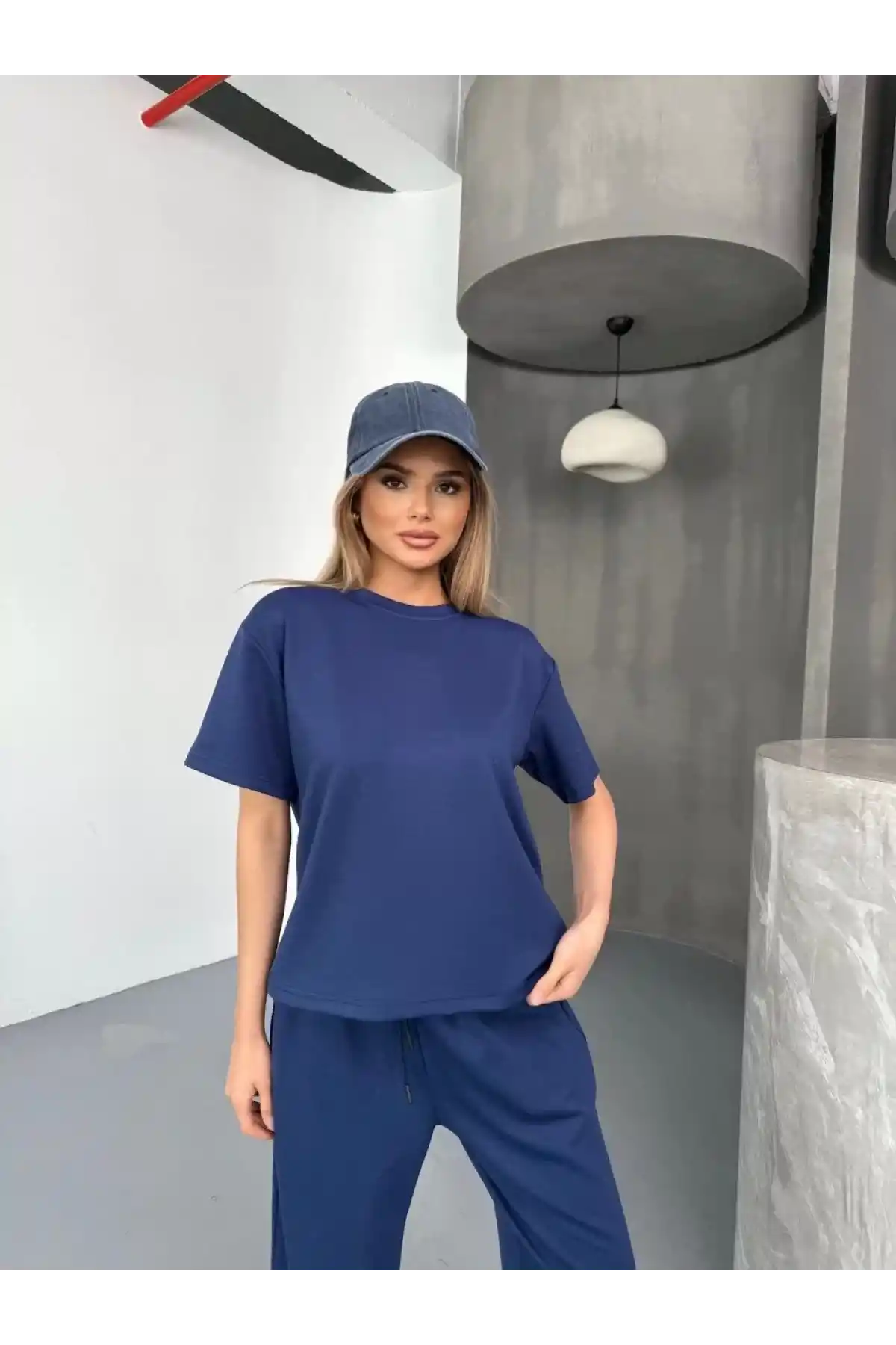 Osy Modal Yumuşak Dokulu Kumaş Kısa Kollu Bluz Rahat Pantalon ikili Takım- Lacivert