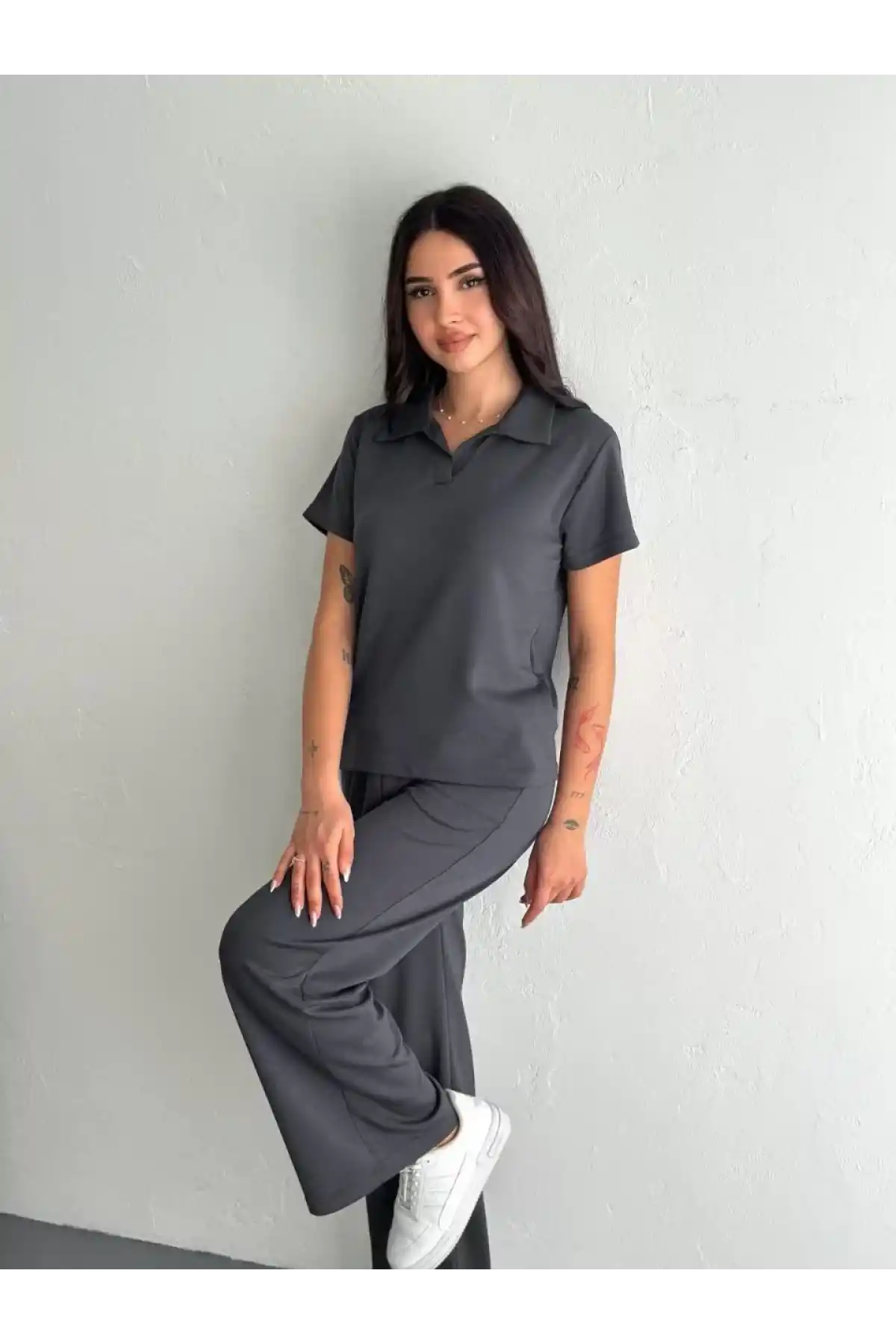 Osy Modal Yumuşak Dokulu Kumaş Kısa Kollu Yakalı T-shirt Pantalon ikili Takım- Antrasit