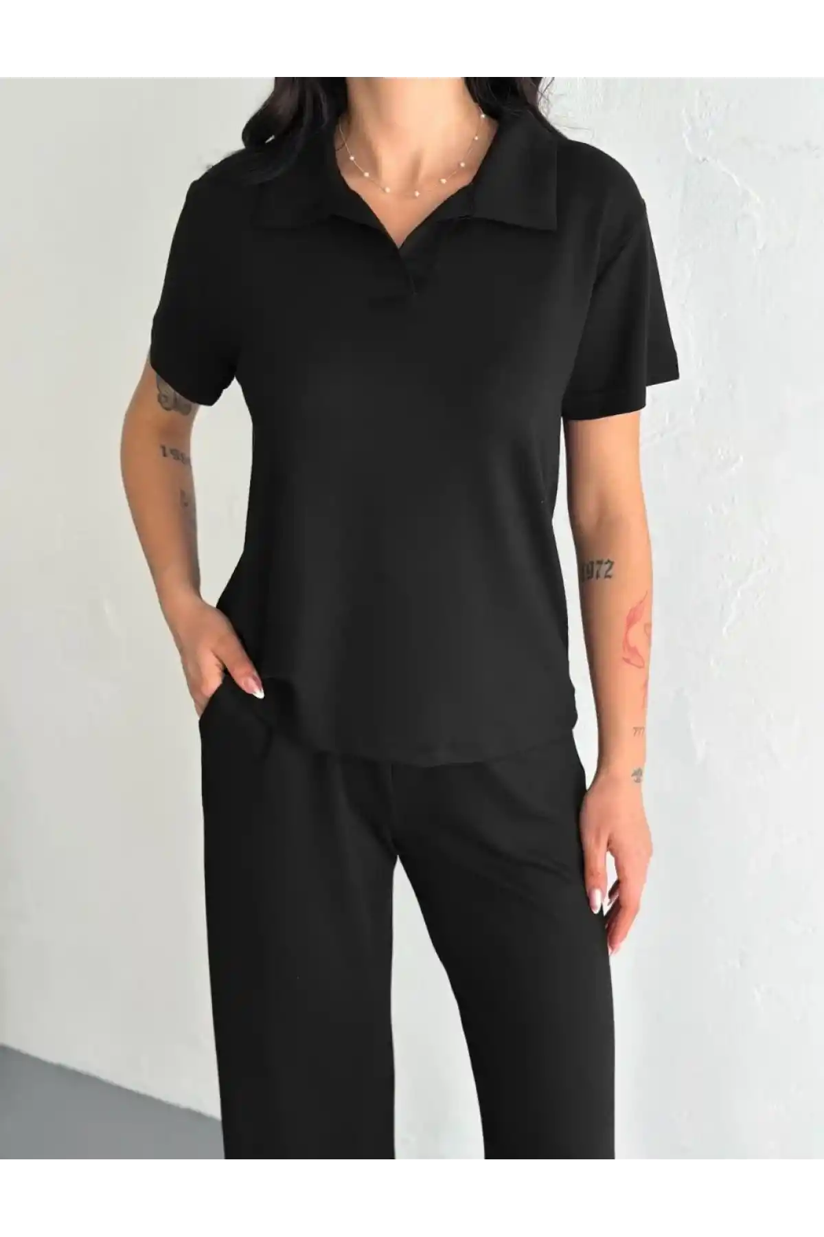 Osy Modal Yumuşak Dokulu Kumaş Kısa Kollu Yakalı T-shirt Pantalon ikili Takım- Siyah