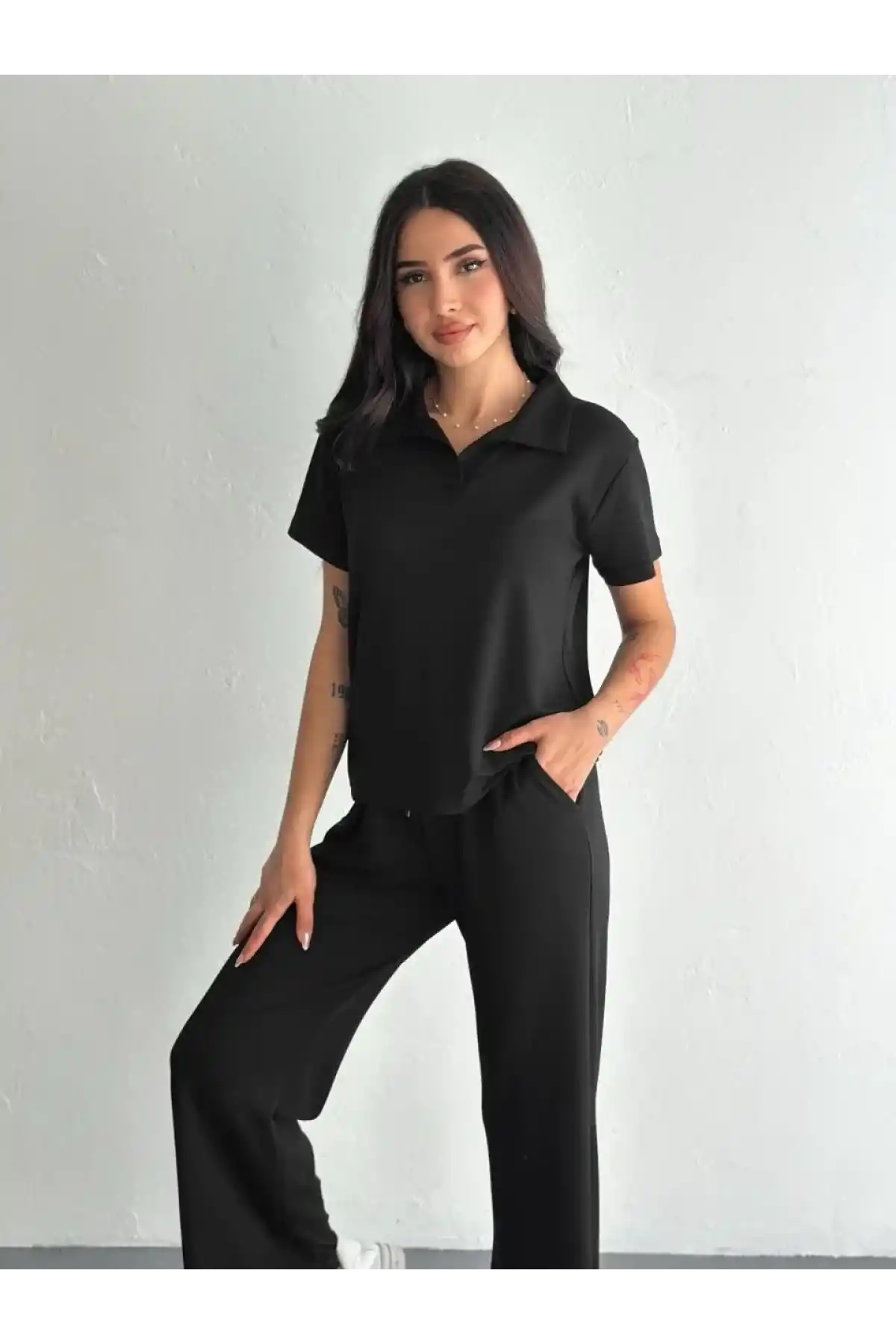 Osy Modal Yumuşak Dokulu Kumaş Kısa Kollu Yakalı T-shirt Pantalon ikili Takım- Siyah