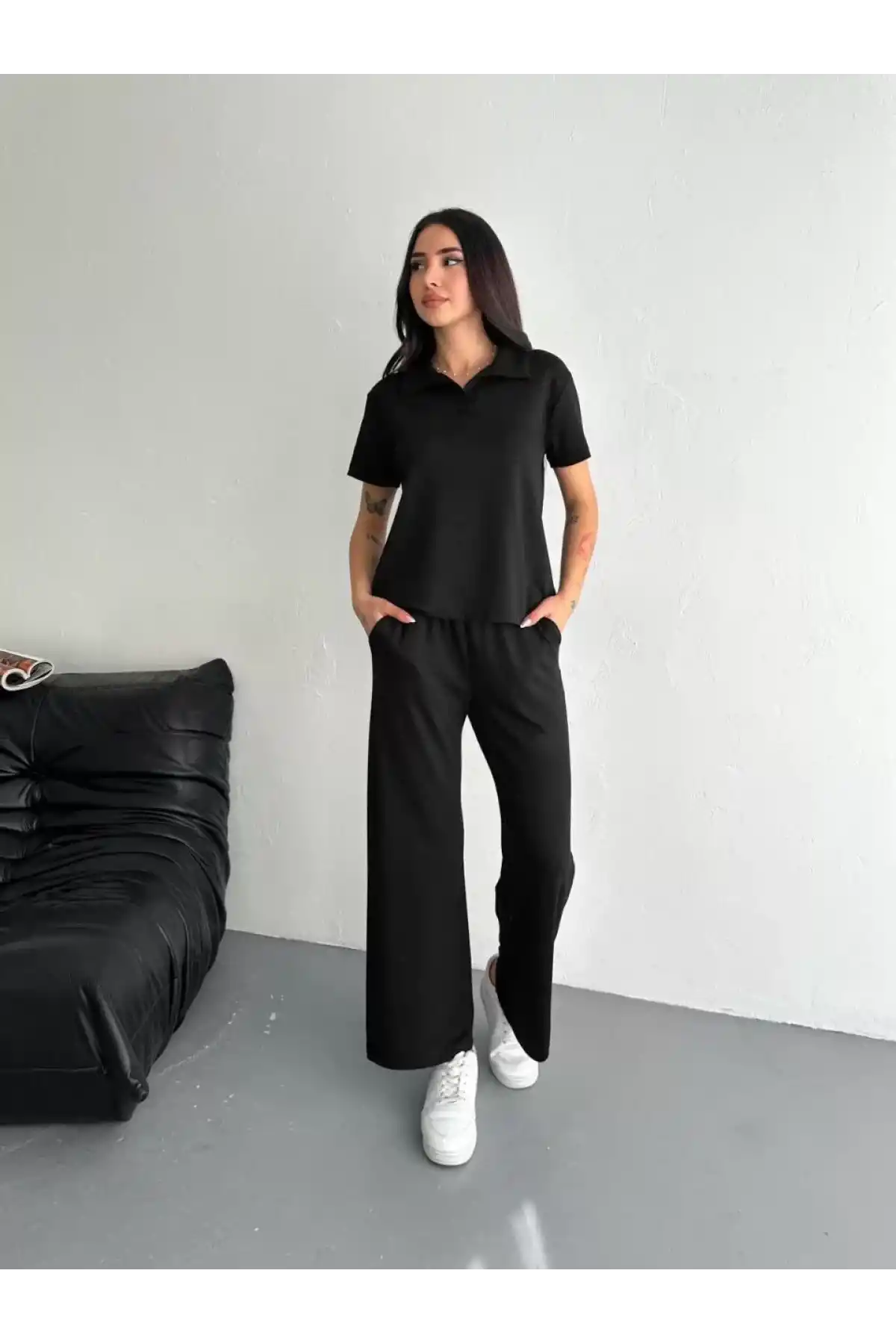 Osy Modal Yumuşak Dokulu Kumaş Kısa Kollu Yakalı T-shirt Pantalon ikili Takım- Siyah