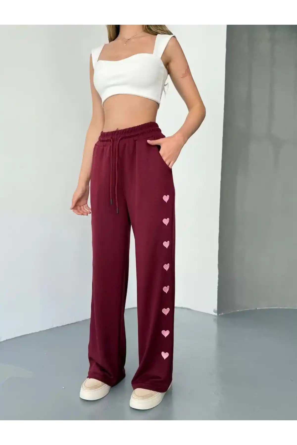 Osy Modal Yumuşak Dokulu Kumaş Nakış işlemeli Rahat Bol Paça Eşofman Pantalon - Bordo