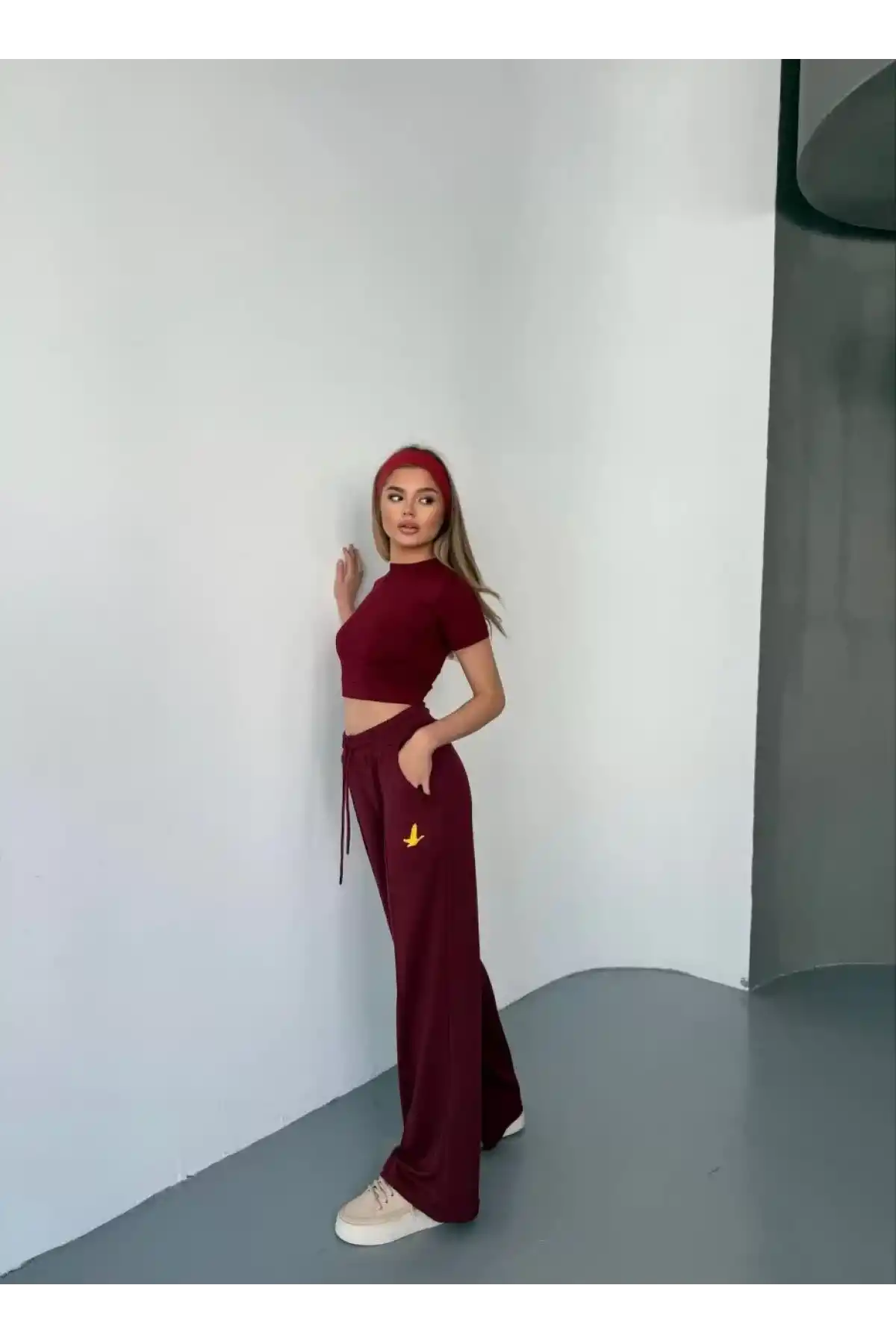 Osy Modal Yumuşak Dokulu Kumaş Nakış işlemeli Rahat Bol Paça Eşofman Pantalon - Bordo