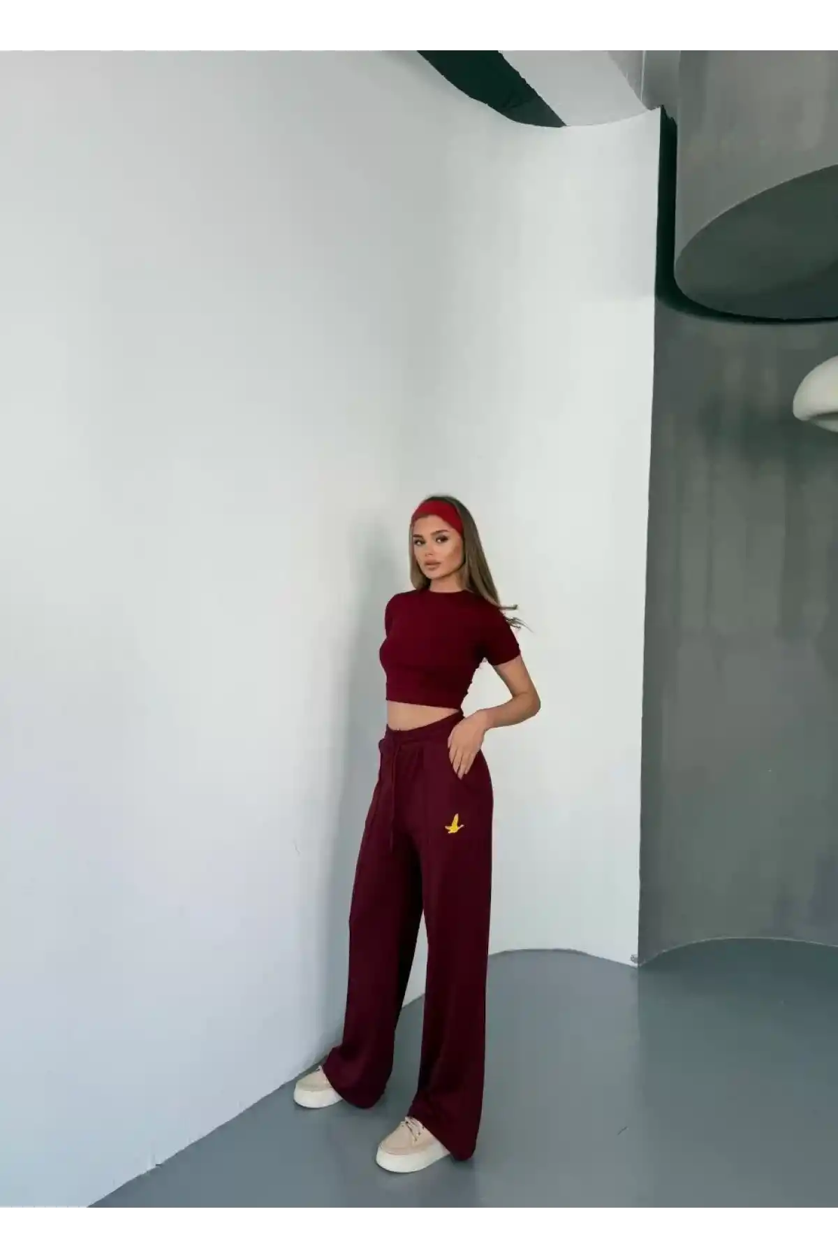 Osy Modal Yumuşak Dokulu Kumaş Nakış işlemeli Rahat Bol Paça Eşofman Pantalon - Bordo