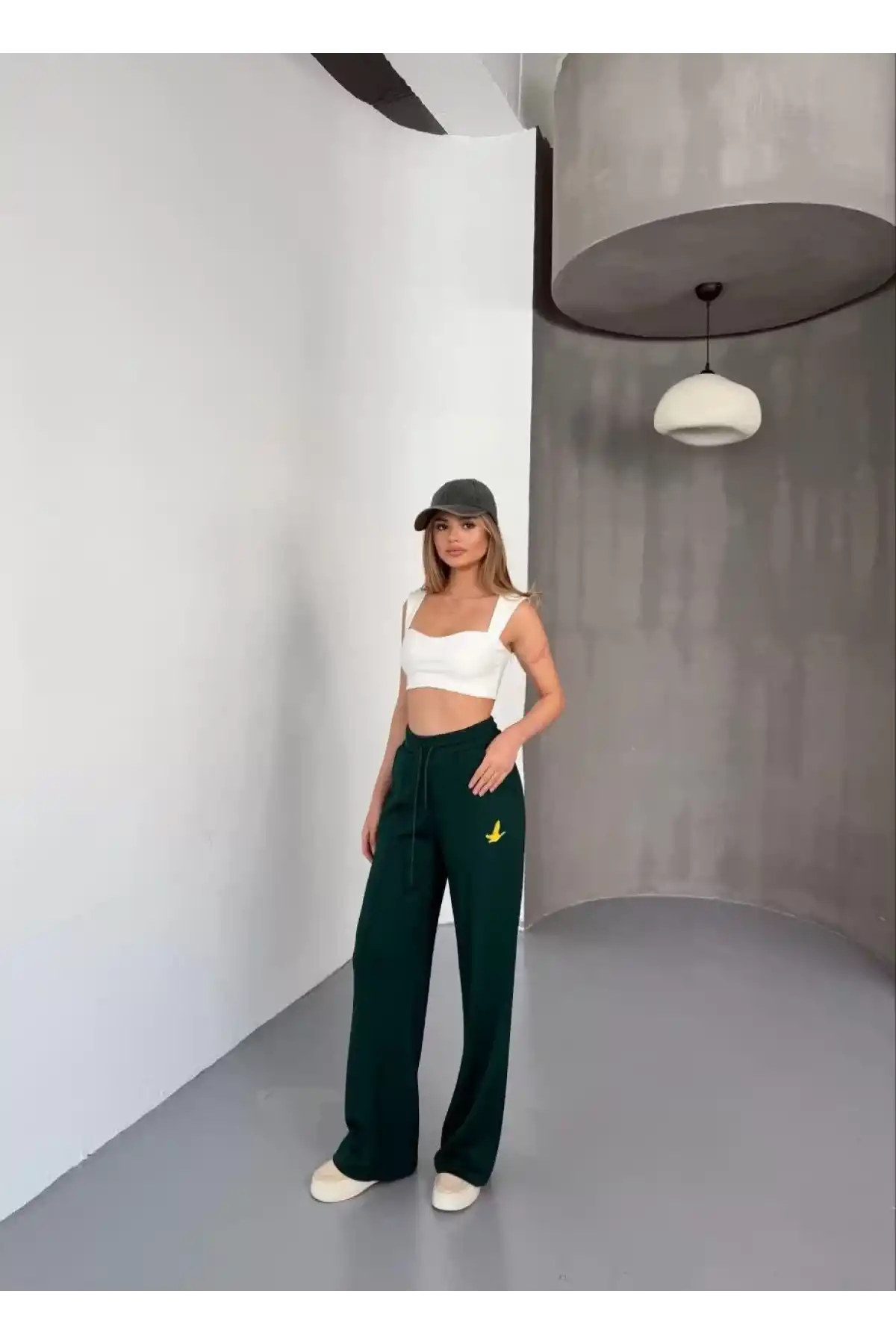 Osy Modal Yumuşak Dokulu Kumaş Nakış işlemeli Rahat Bol Paça Eşofman Pantalon - Yeşil