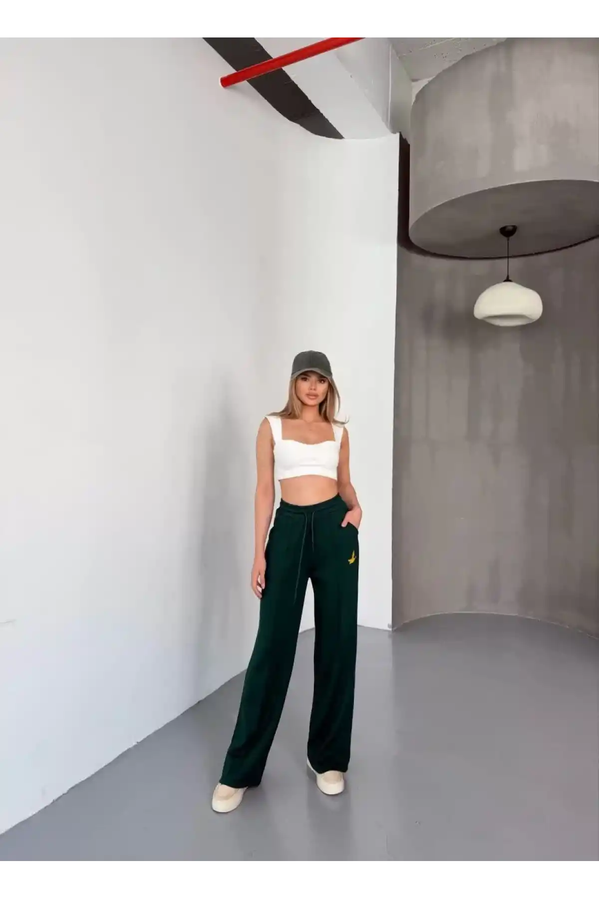 Osy Modal Yumuşak Dokulu Kumaş Nakış işlemeli Rahat Bol Paça Eşofman Pantalon - Yeşil