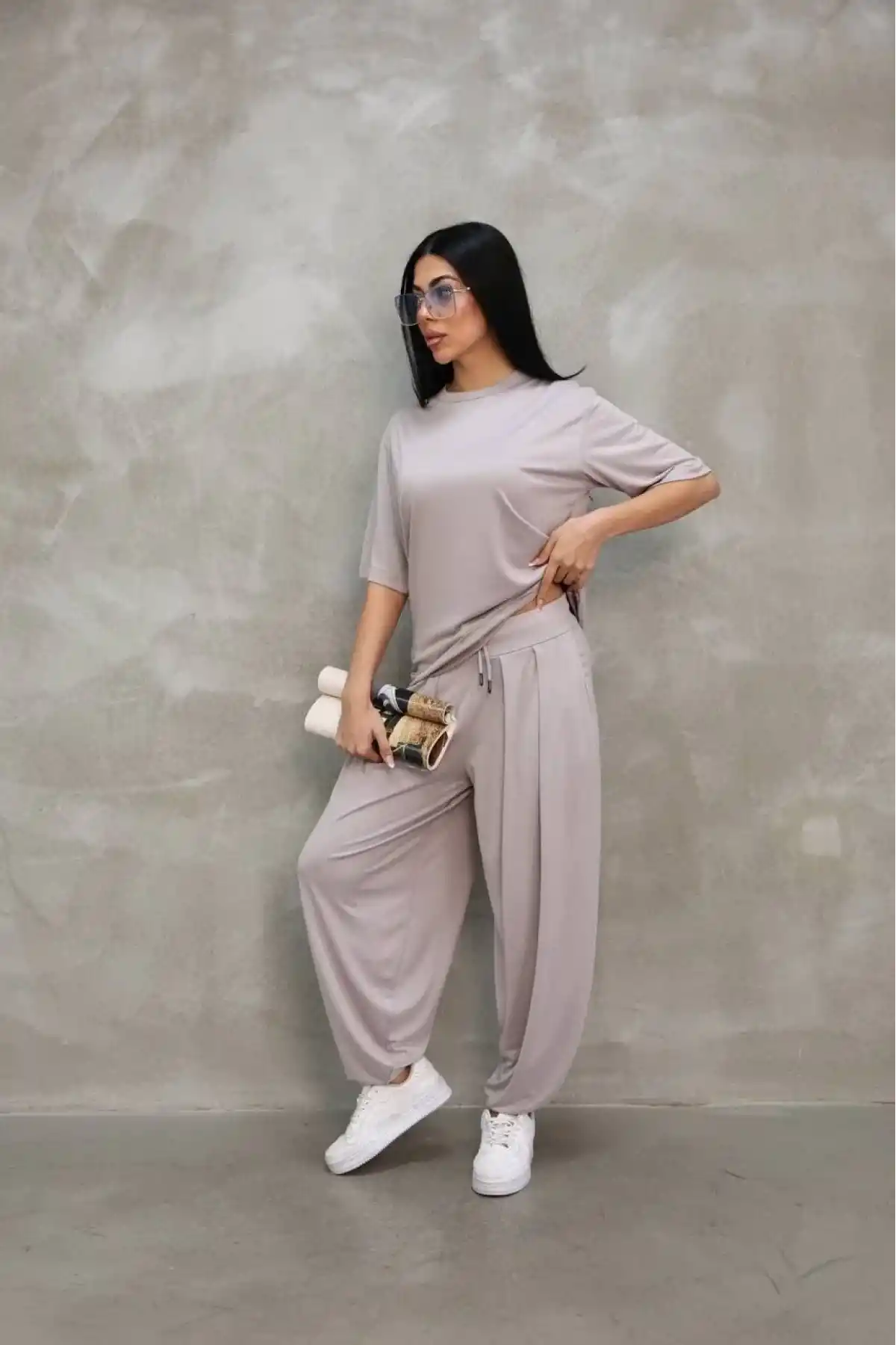 Osy Modal Yumuşak Dokulu Oversize Bisiklet Yaka Jogger Eşofman Altı Eşofman Takımı - Gri