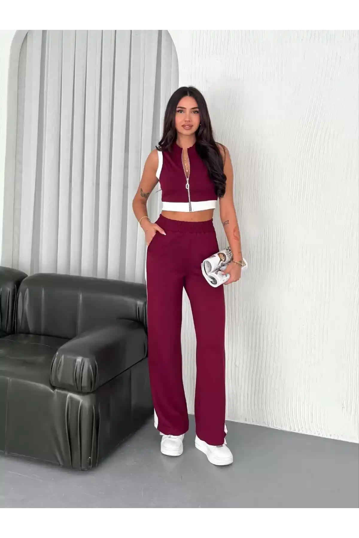 Osy Modal Yumuşak Dokulu Kumaş Tam Fermuarlı Crop Pantalon İkili Takım - Bordo