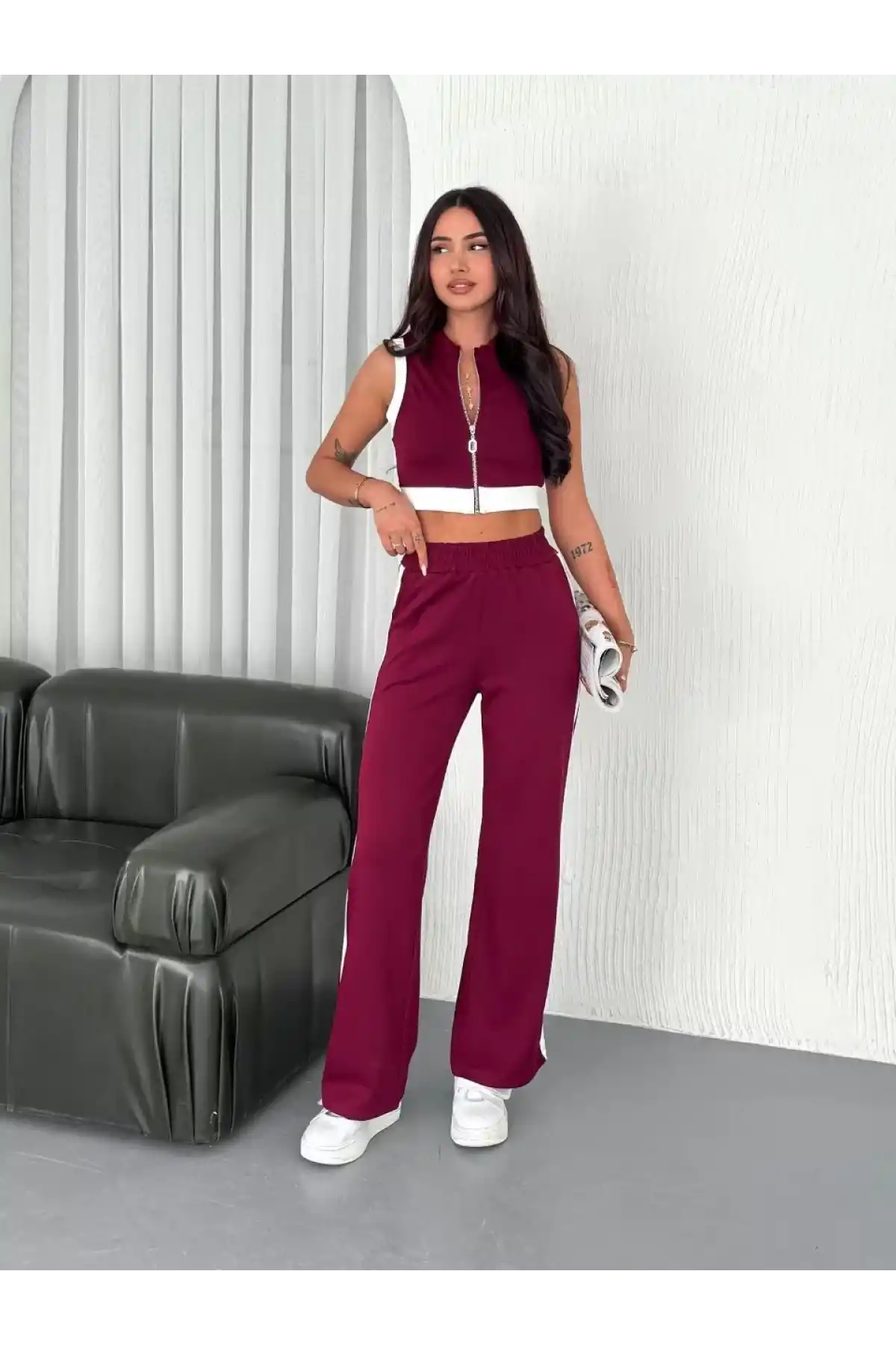 Osy Modal Yumuşak Dokulu Kumaş Tam Fermuarlı Crop Pantalon İkili Takım - Bordo
