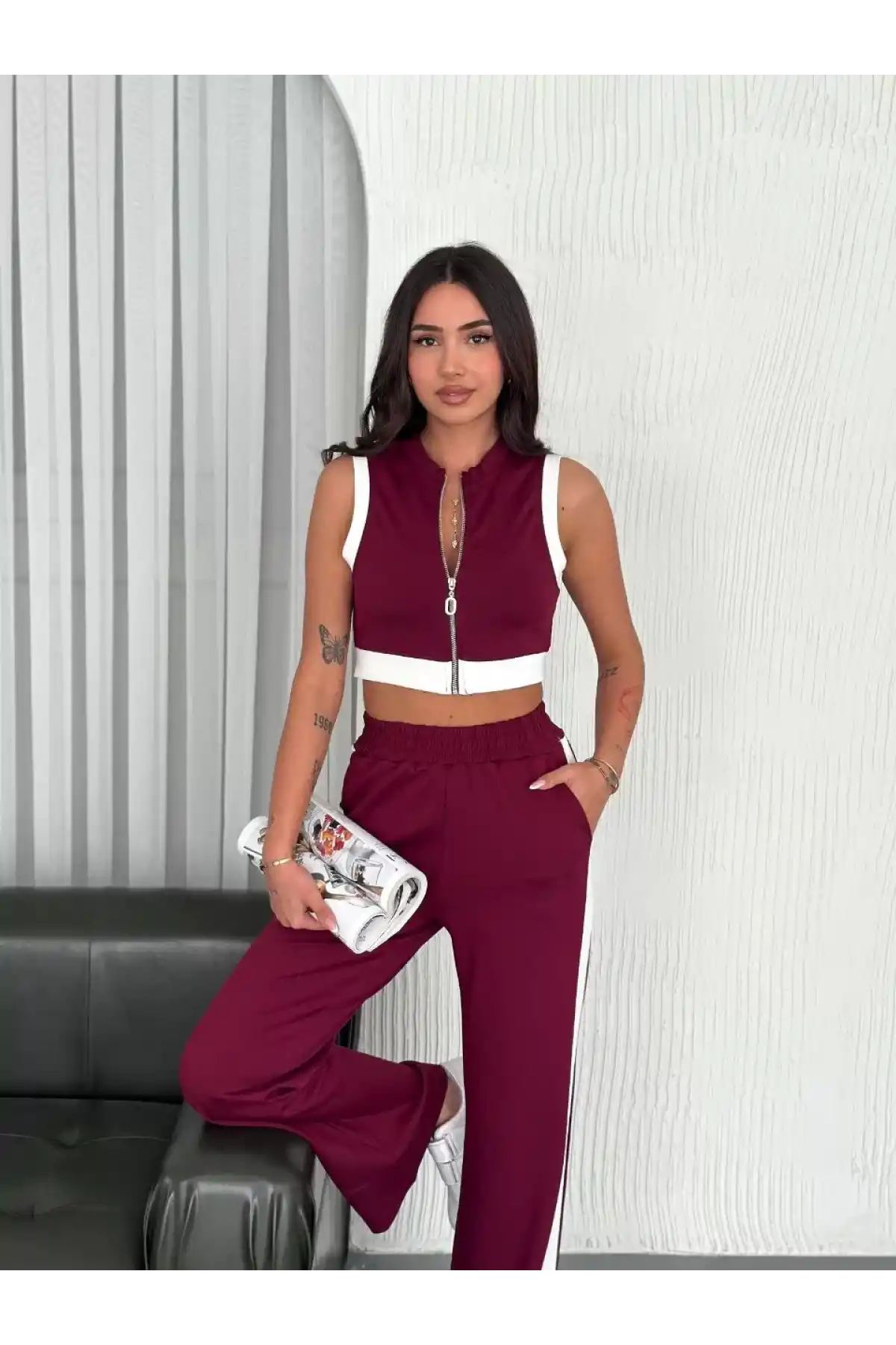 Osy Modal Yumuşak Dokulu Kumaş Tam Fermuarlı Crop Pantalon İkili Takım - Bordo