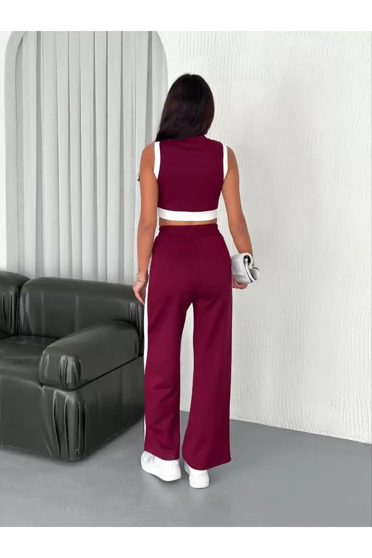 Osy Modal Yumuşak Dokulu Kumaş Tam Fermuarlı Crop Pantalon İkili Takım - Bordo